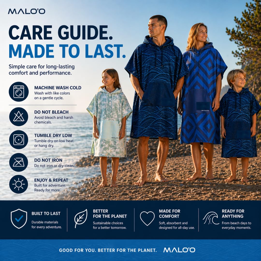 Malo'o Nalu Surf Poncho Wickelmantel mit Kapuze, weich und warm, Kinder- und Erwachsenengrößen, Wickeltuch und Poncho