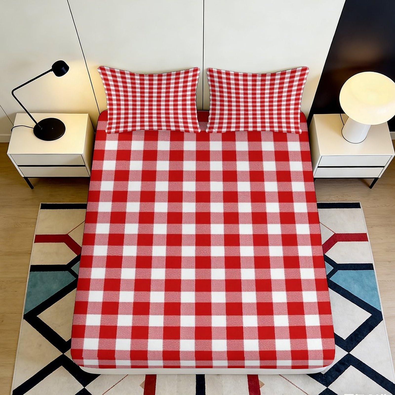 3D Printed Red Checkered Fitted Sheet Microfiber Soft Breathable White Plaid Bed Cover for Bedroom Dormitory Guest Room Mattress Protection 180x200x25cm