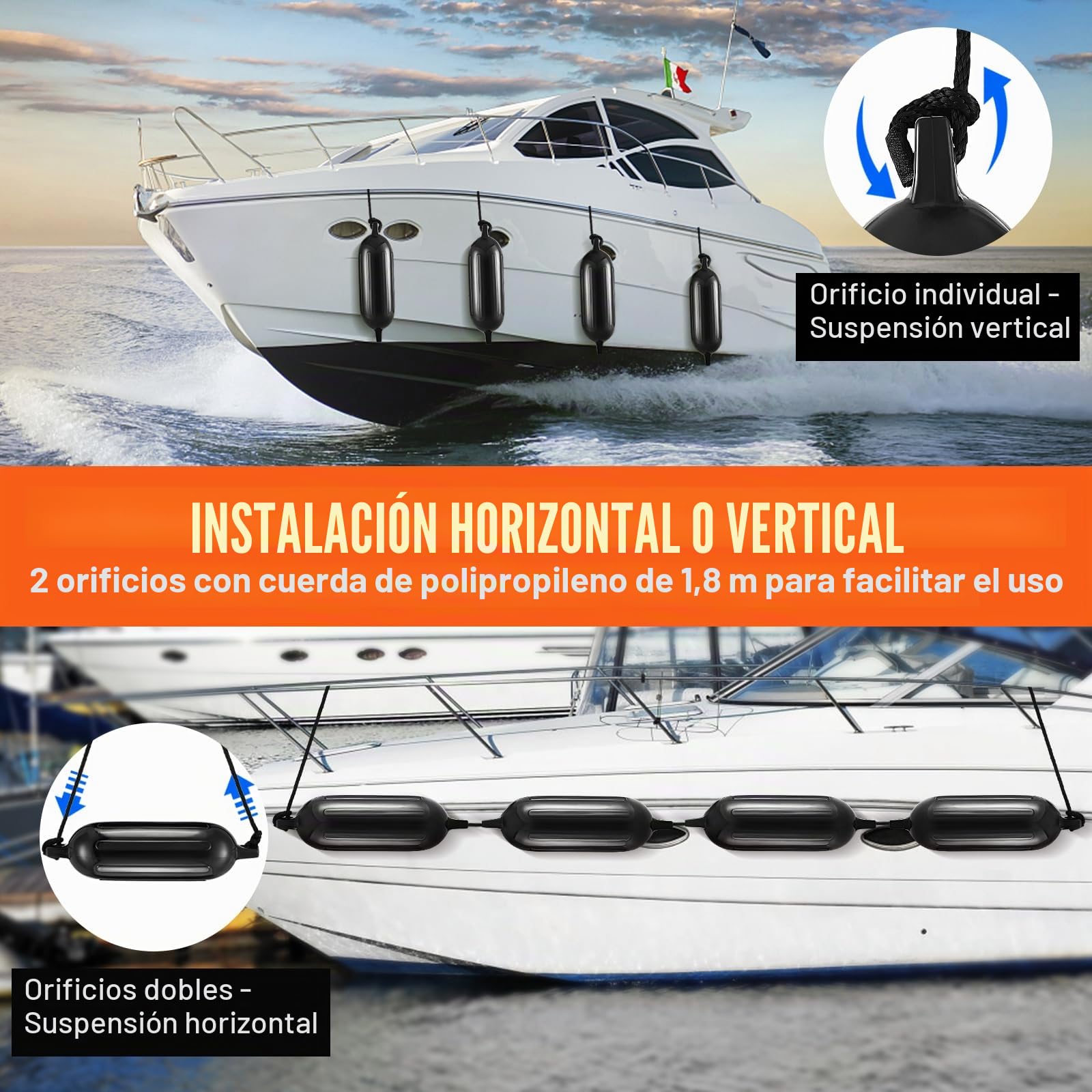 VEVOR 4 PCS Guardabarros Inflables de PVC para barcos 14x50,8 cm con Bomba Agujas de Aire, Cuerdas y Bolsa de Almacenamiento de Parachoques para Proteger Canoas, Pontones, Muelles para Barcos de Pesca