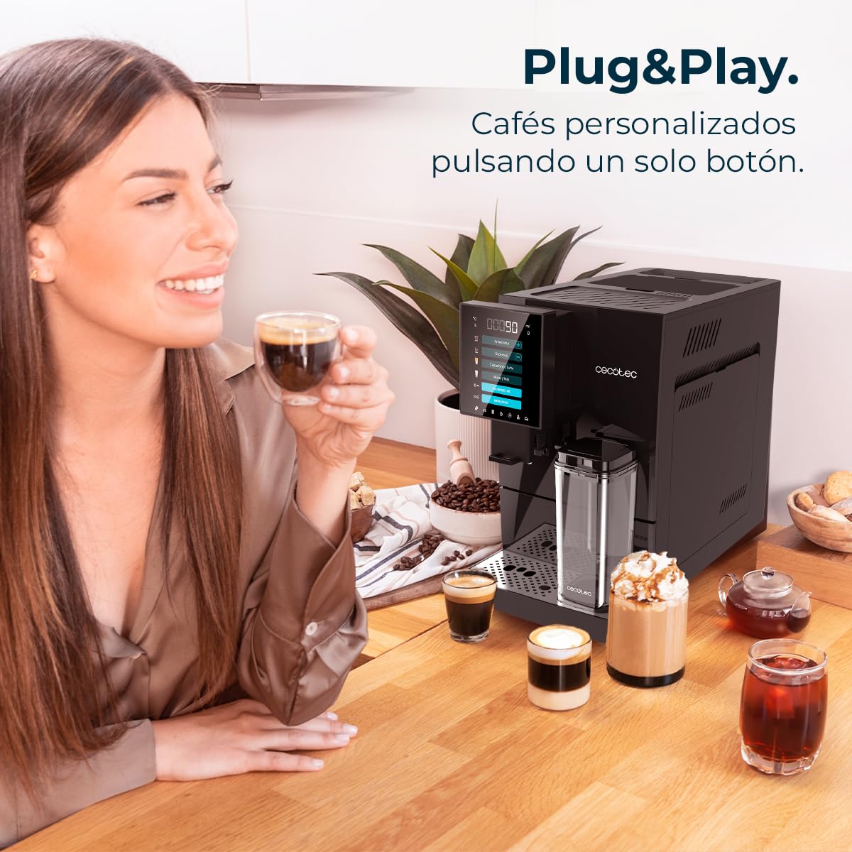 Cecotec Cafetera Superautomática Cremmaet Compactccino Black, 19 Bares, Sistema Thermoblock, Grano recién molido con Plug&Play, Depósito 150gr café con molinillo, 1,1 L agua, 400ml leche