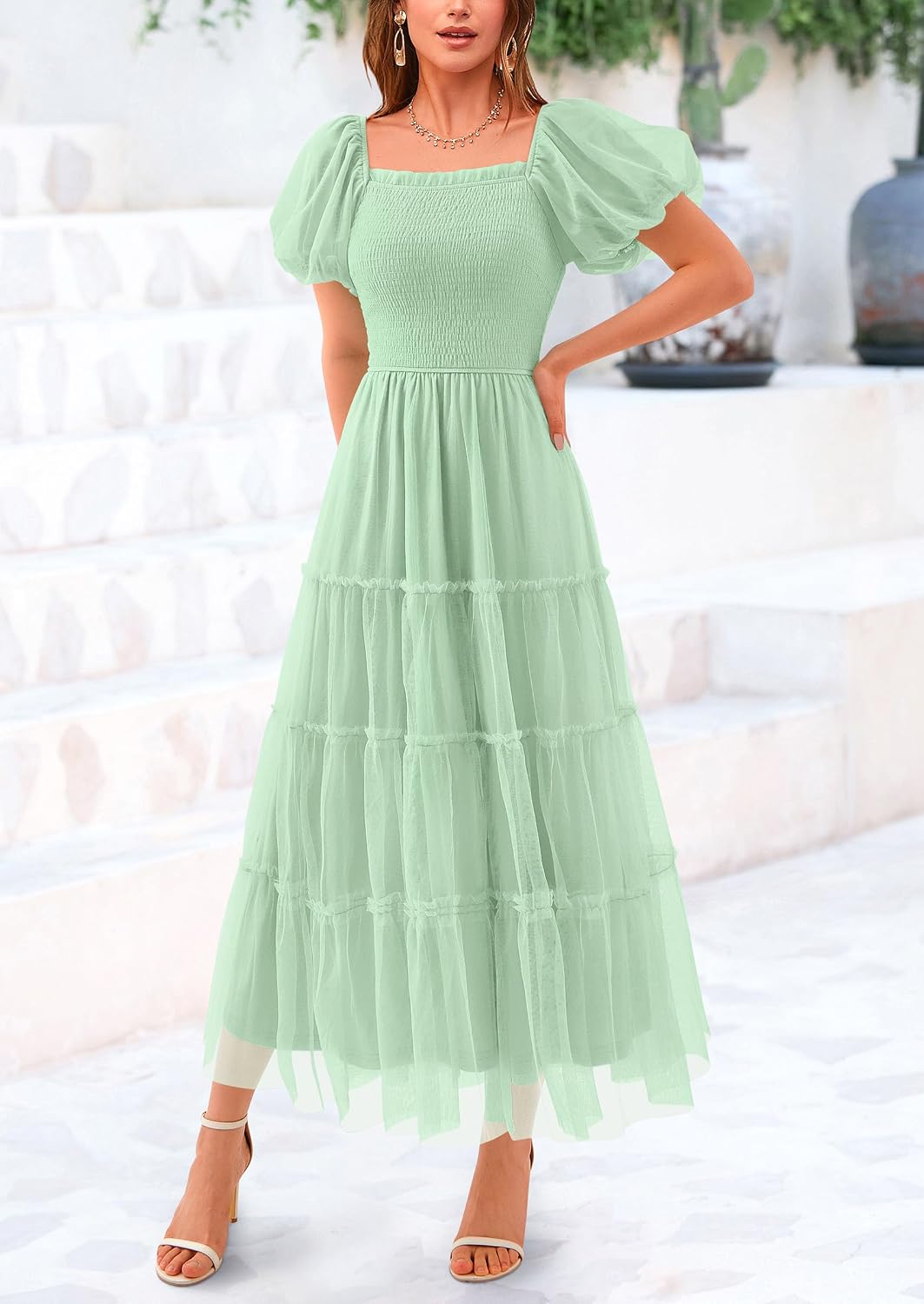  Women's Summer Smocked Midi Tulle Dress | Lightweight Flowy Mesh, Puffy Short Sleeves, Square Neck, Elegant Dresses for Wedding Guest, Homecoming Party & Baby Shower thumbnail
