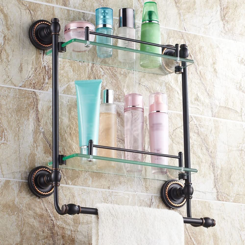Estantes de baño exquisitos Caddy de Ducha Toallero de Bronce de Cobre Antiguo Negro, Estante de Vidrio Europeo con Barra Doble Cosméticos Almacenamiento de Estante de baño de 2 Capas