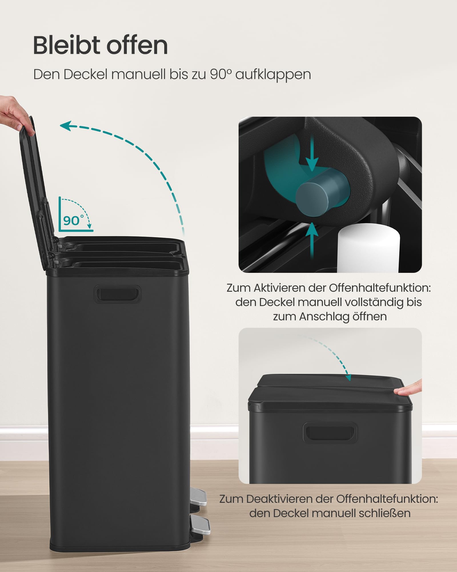 SONGMICS Mülleimer Küche 2 x 30 Liter 2 Fächer Tretmülleimer mit Softclose-Deckel Stahl tintenschwarz LTB741B02