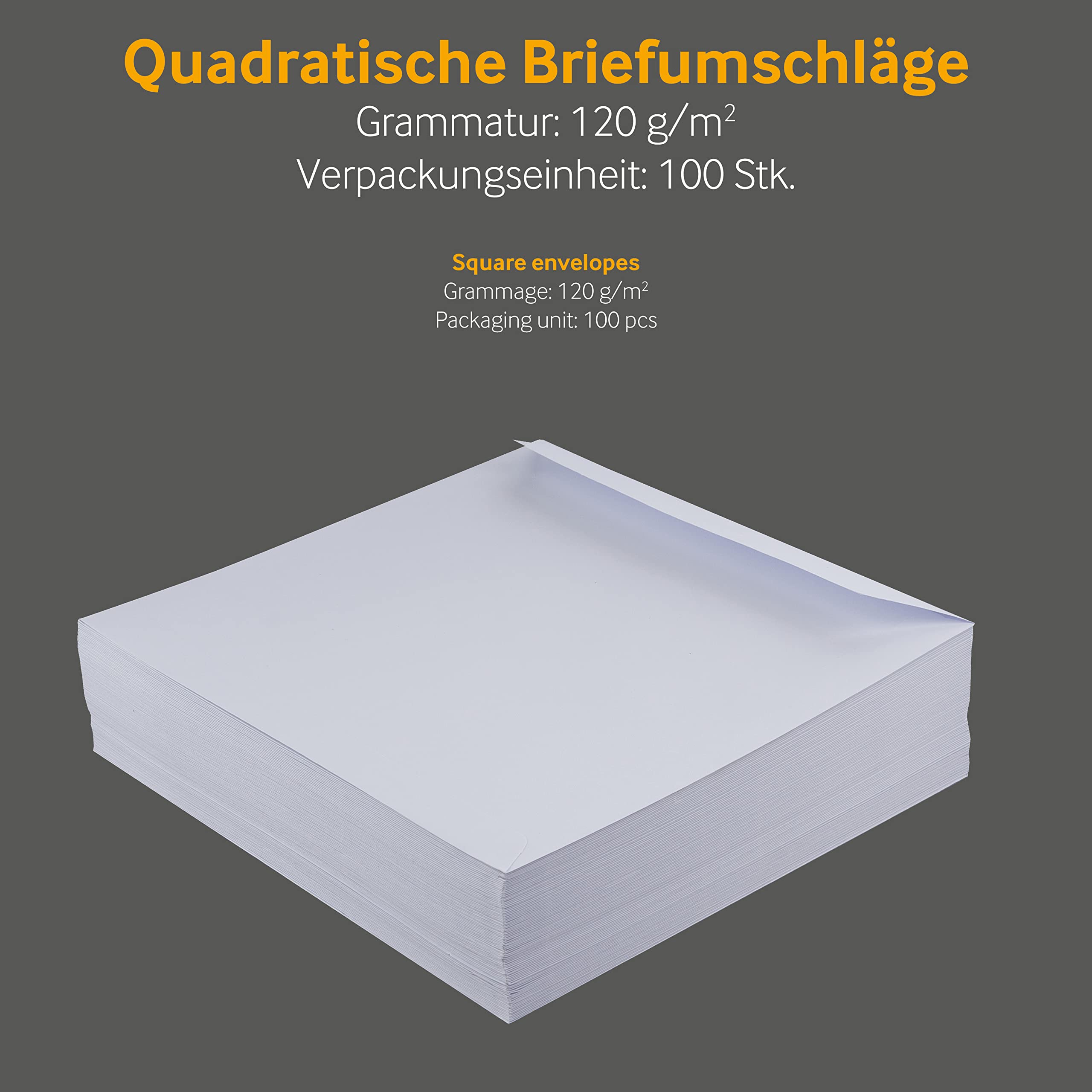 100 Stück, Briefumschläge, 240 x 240 mm, Haftklebung mit Abziehstreifen, Gerade Klappe, 120 g/qm Offset, Ohne Fenster, Weiß (Hochweiß), Blanke Briefhüllen