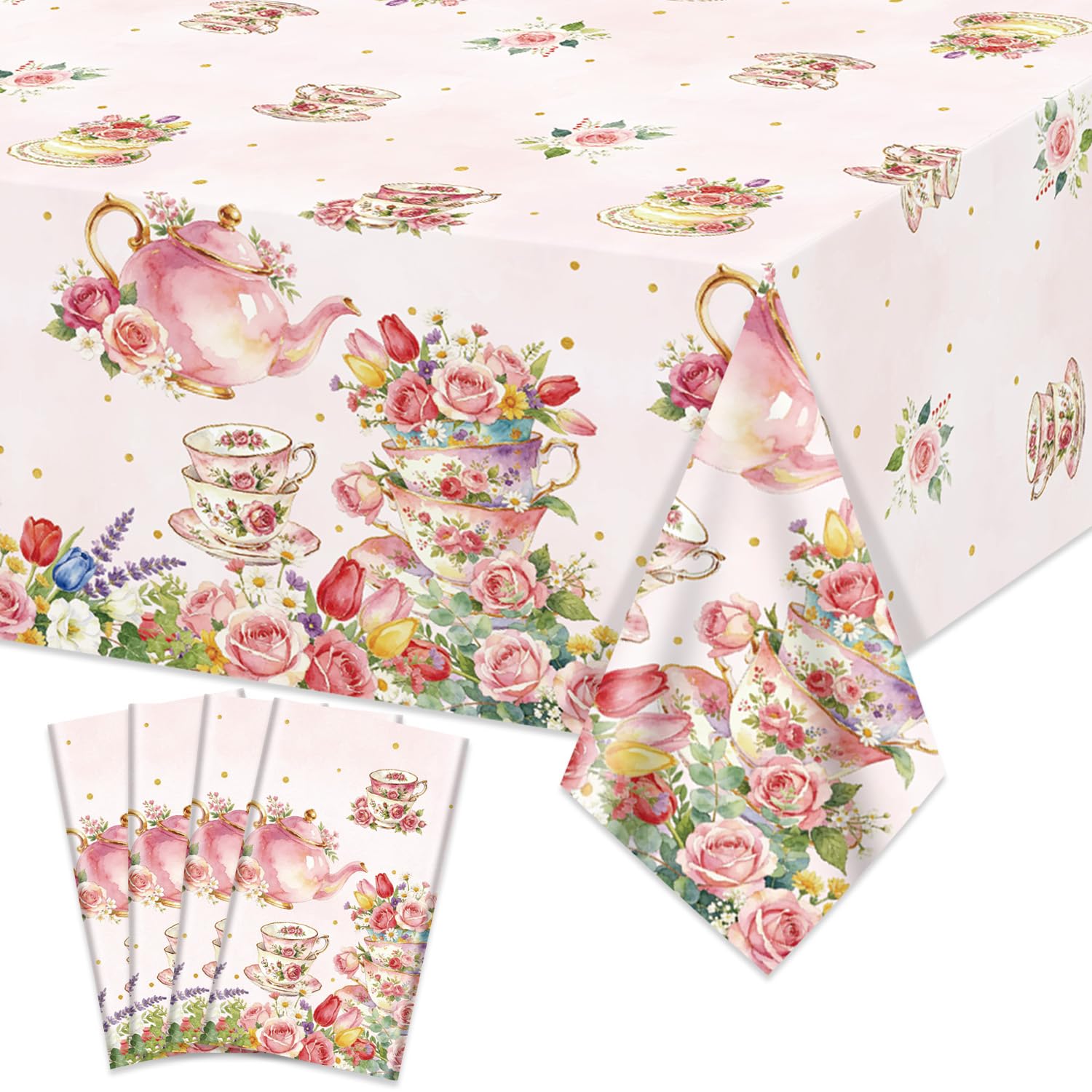 LSJDEER 4 Pack Tea Party Tablecloth - Floral Tea Party Decoration Pink Floral Table Cover for Birthday Spring Flower Bridal Wedding Supplies (51 x 86 Inches)
