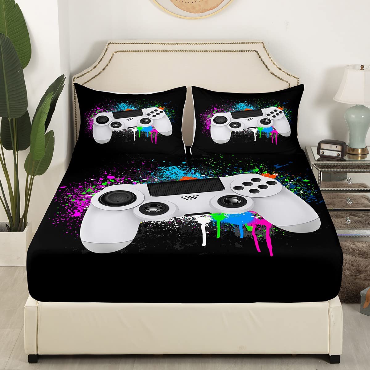 Loussiesd Luxury Gamepad Fitted Sheet 100% Microfiber Breathable Colorful Tie Dye Only Bedsheet No Pillowcases Fitted SheetsDouble(135x200+30cm) - Image 2