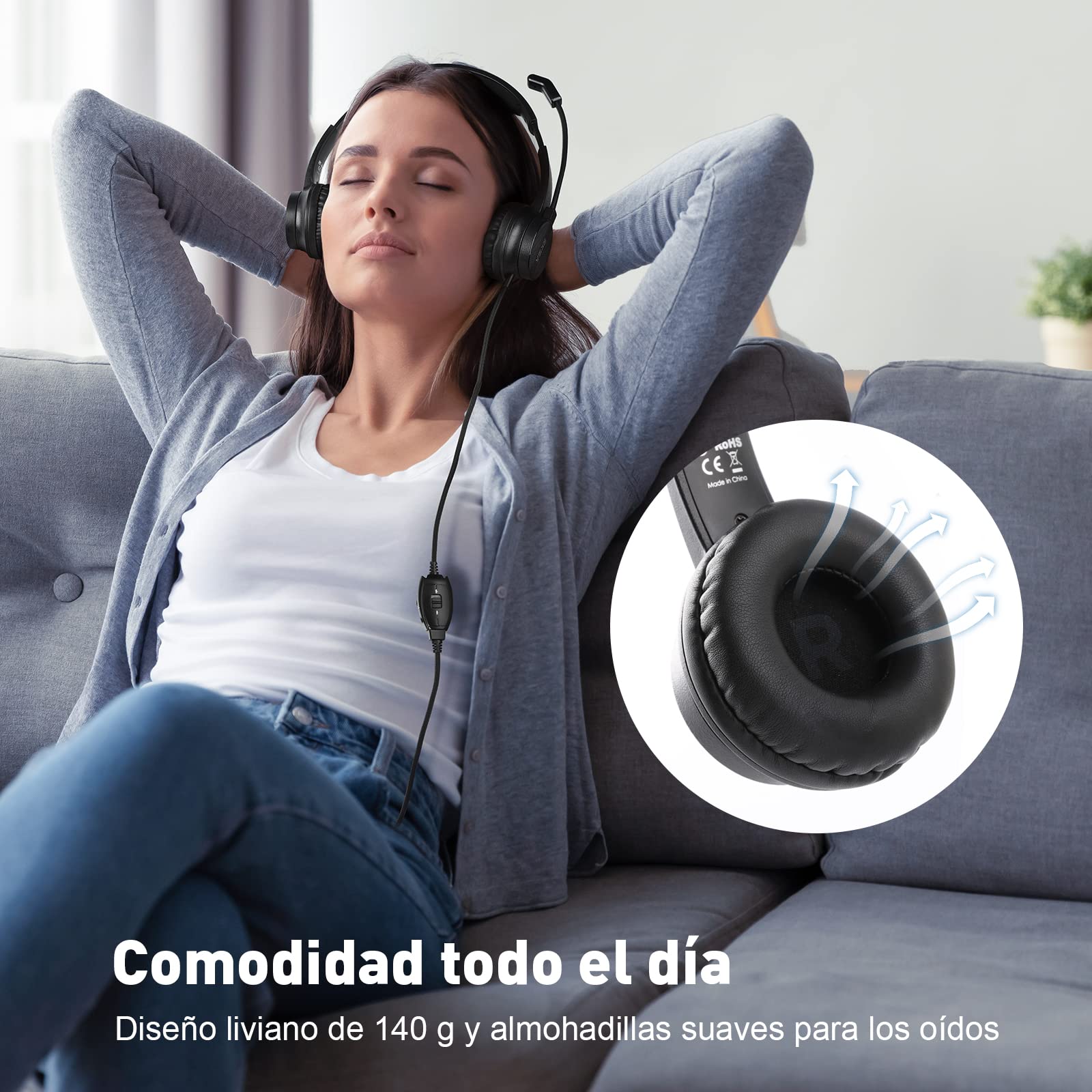 EKSA H12 PC Auriculares con Cable 3.5mm, Cascos con Microfono y Supresión de Ruido, Control de Silencio y Volumen, Sonido Estéreo, Portátil,Wired Headset Pare PC/Mac, Oficina, Call Center, Skype