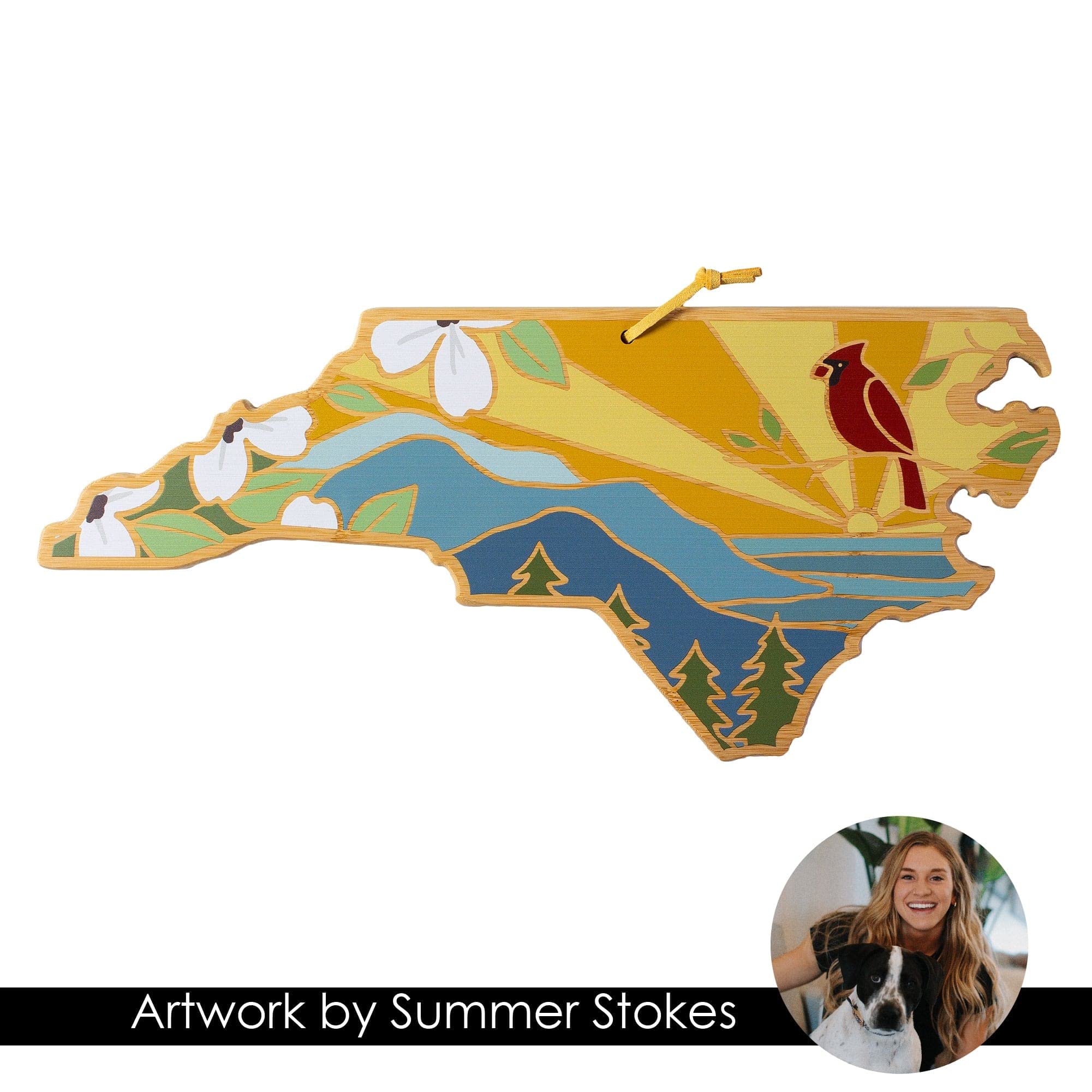 Totally Bamboo North Carolina State Shaped Cutting Board and Charcuterie Serving Platter with Artwork by Summer Stokes, Includes Hang Tie for Wall Display 18" x 8" x 5/8"