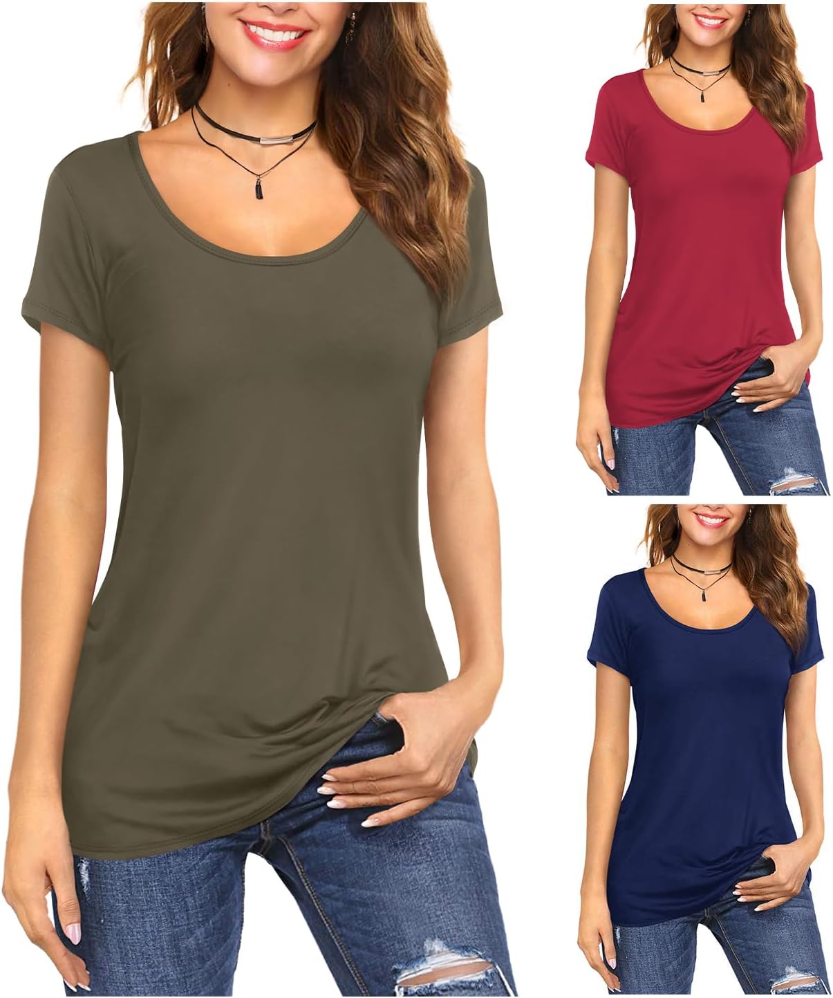 Amoretu Women's Scoop Neck Short/Long Sleeve Tees Cotton T Shirts Blouses Tops