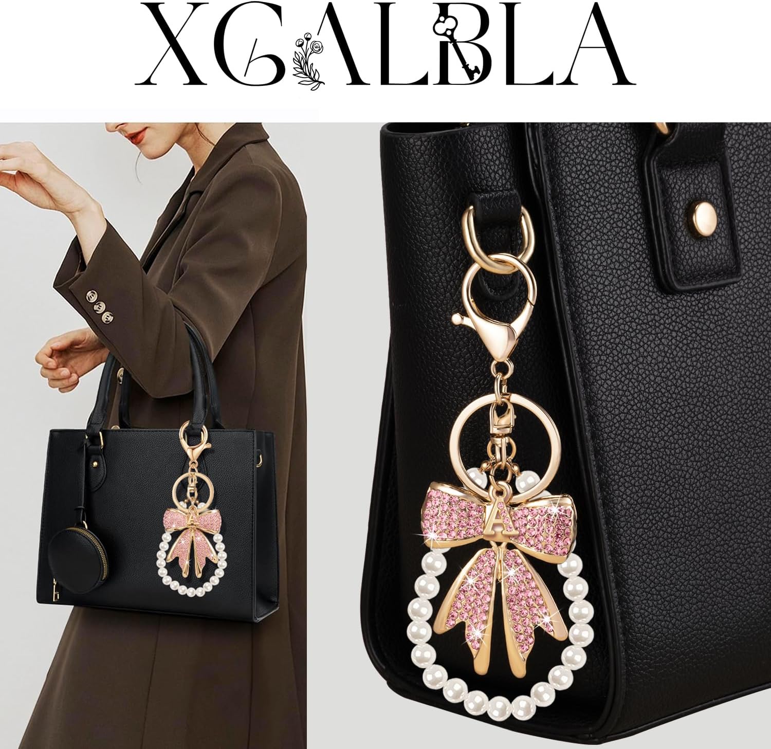 XGALBLA Rhinestone Bow Keychain Imitation Pearl Chains Initial Letter Bow Keychain Bag Charms Purse Charms for Handbags - Image 4