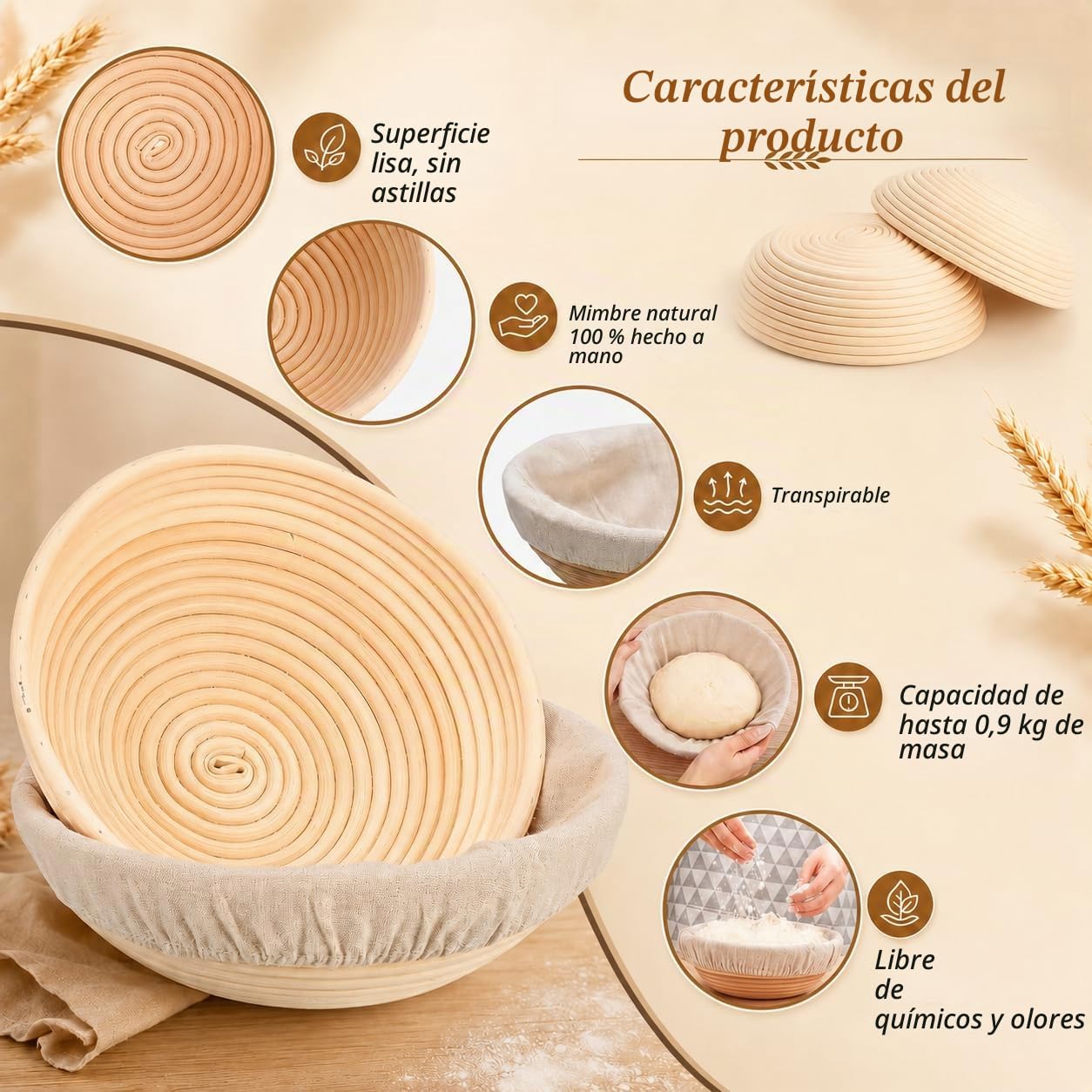 Banneton - Cesta de prueba de pan, 6 cestas pequeñas de 6 pulgadas, cesta de prueba de masa madre con ratán natural para panaderos profesionales y domésticos