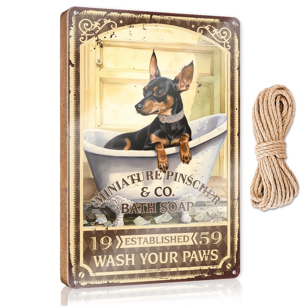 MAHQPZXSF Quote Wood Plaque Miniature Pinscher Bath Soap Wash Your Paws Wooden Sign Family Wall Decor Signs And Plaques(23X35CM)