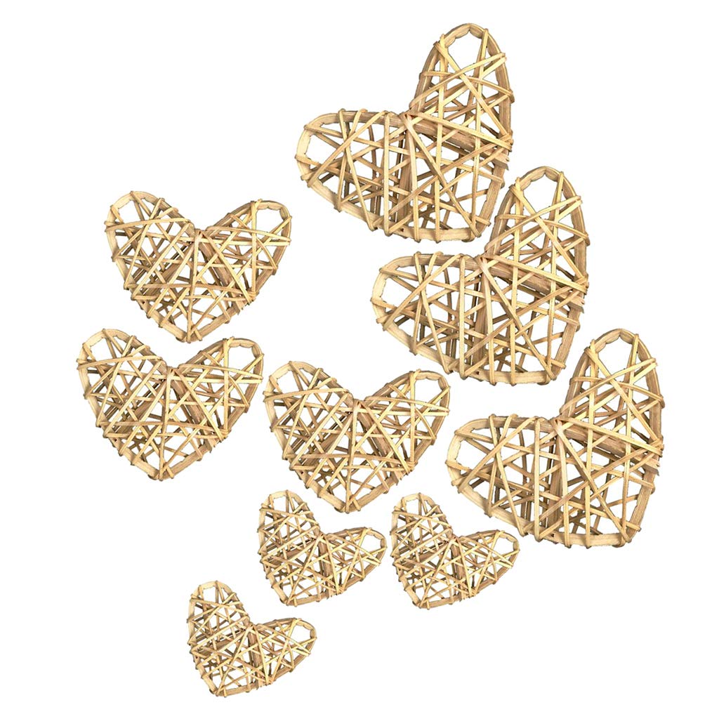 Baosity 9Pcs 3 Sizes Mixed Heart Shaped Wicker Rattan Balls - Decorative Orbs Spheres DIY Wedding Decoration, Christmas Tree, House Ornaments, Vase Fillers - Natural