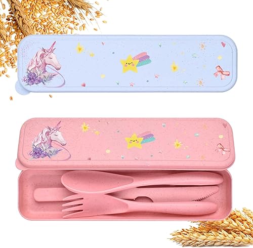 Juego de cubiertos de viaje con estuche, bonito juego de tenedor y cuchara portátil de paja de trigo de unicornio, utensilios reutilizables