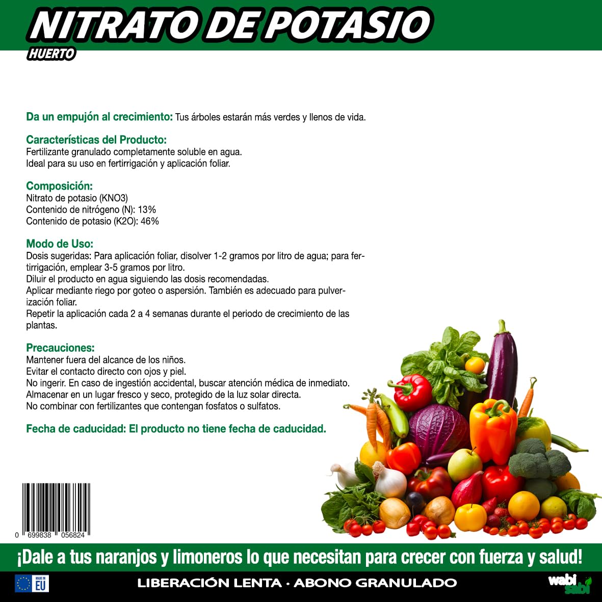 Nitrato de Potasio Puro (KNO3) 13-00-46 para Huerto y Cultivos - Potencia el Crecimiento y Maduración de Tomates, Melones y Más (2,5kg)