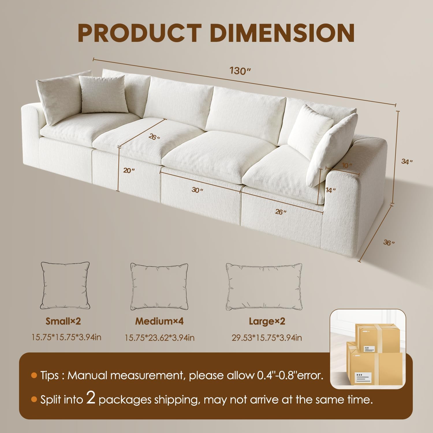 130" Oversized Cloud Couch, Modular L Shaped Sectional Sofa with Deep Seats, High Density Foam No Sag Support, No Assembly Required 4 Seater Washable Fabric Couch for Living Room, White - Image 2