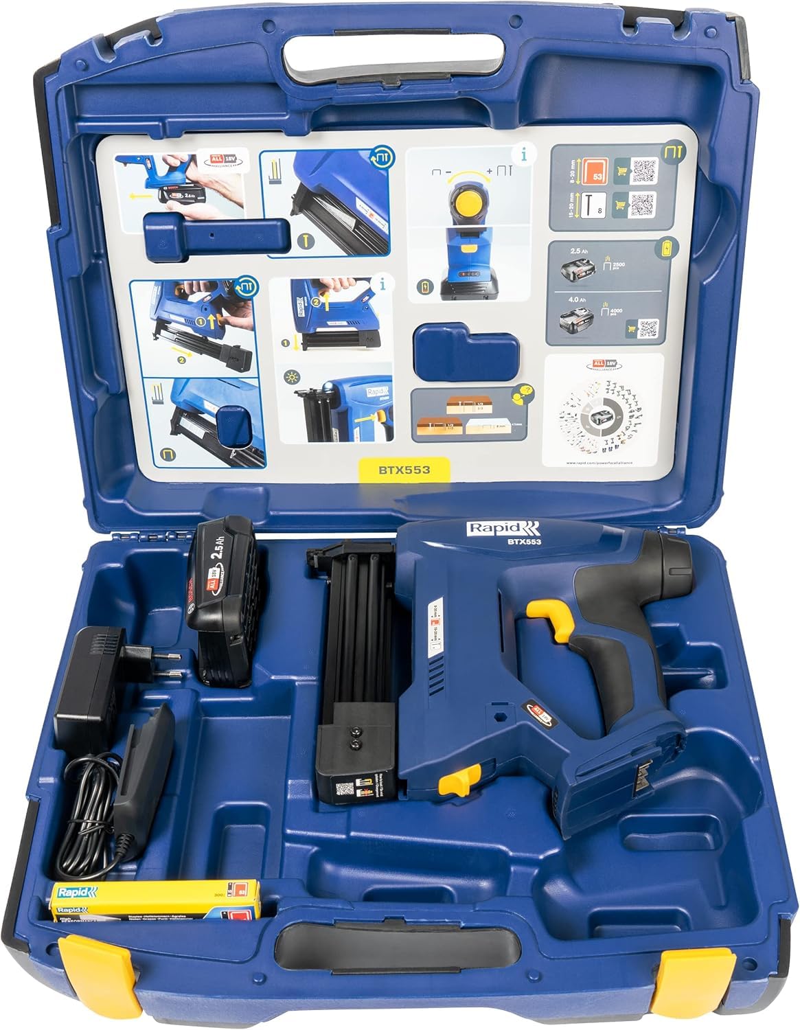 Rapid BTX553 - Agrafeuse Murale 18V POWER FOR ALLIANCE, Agrafeuse Électrique Sans Fil à Batterie pour Agrafes N°53 à Fil Fin & Pointes N°8 - avec Batterie 2,5 Ah/Chargeur/Malette Inclus (5001506)