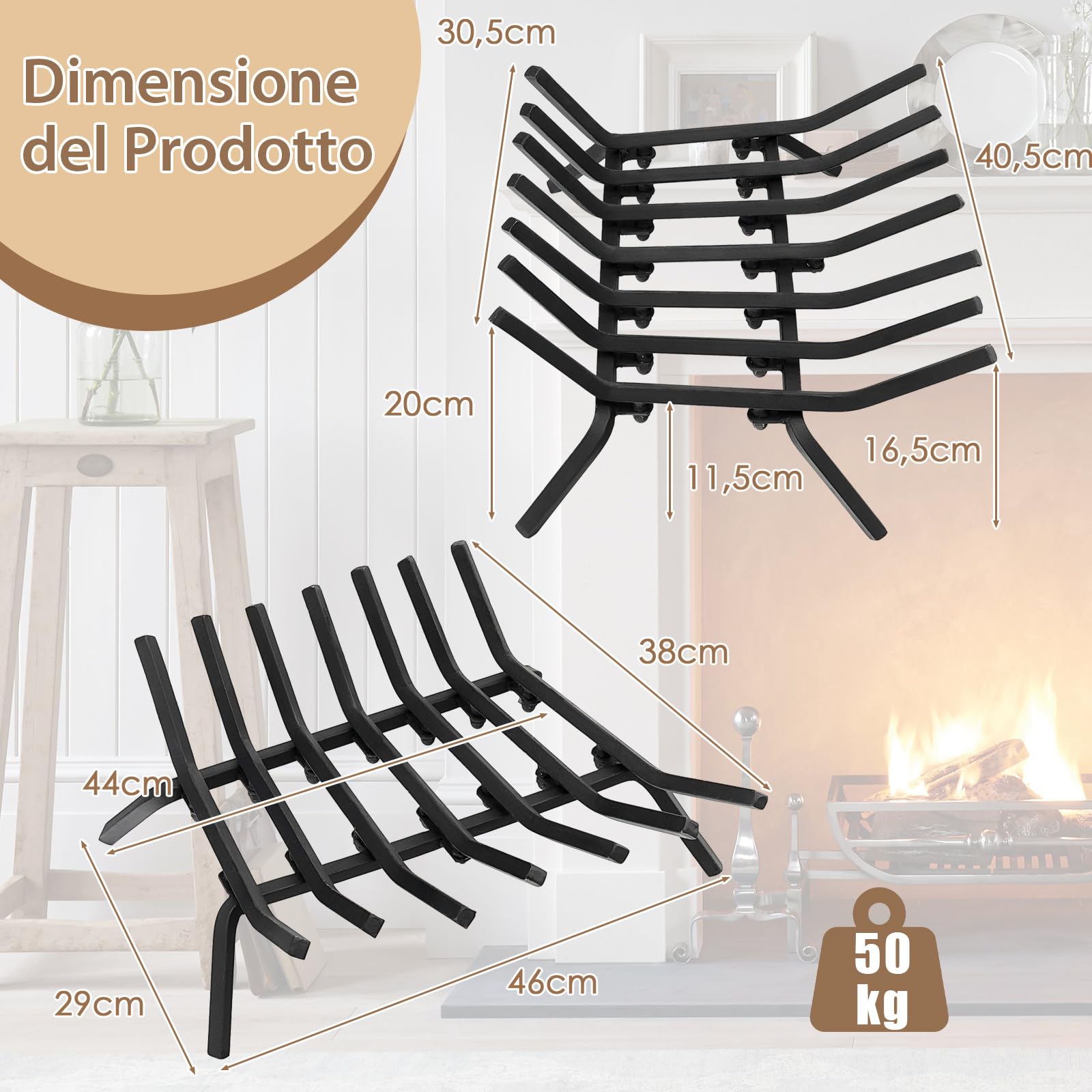 COSTWAY Brucialegna per Camino da 46 cm, Portalegna in Ferro Battuto con 7 Barre da 14 mm, Design a V e Altezza Elevata, Supporto per Legna per Caminetto, Stufa a Legna e Bracciere
