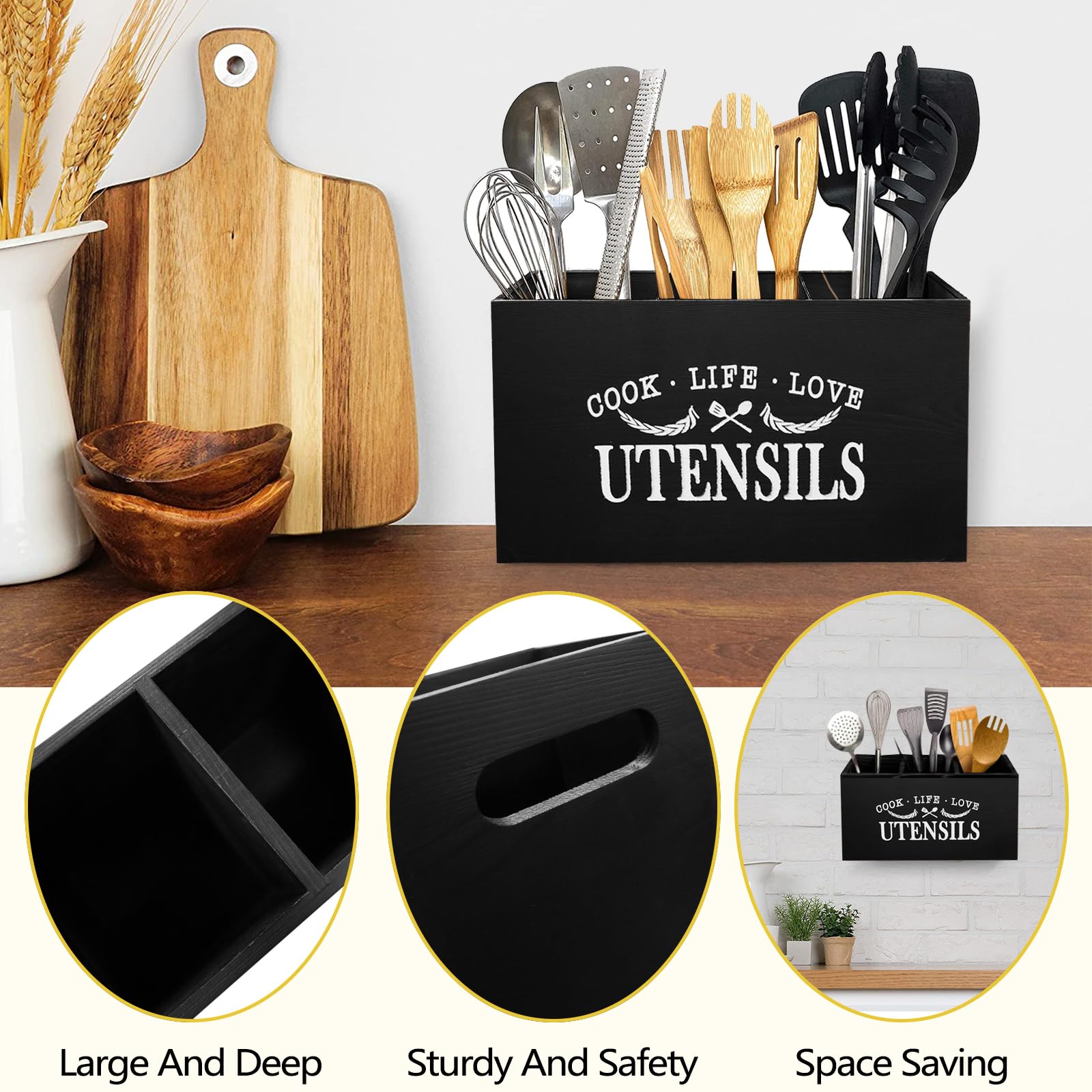 Porta Utensili Da Cucina In Bambù Nero – Organizer 3 Scomparti Con Fori Di Drenaggio E Maniglie