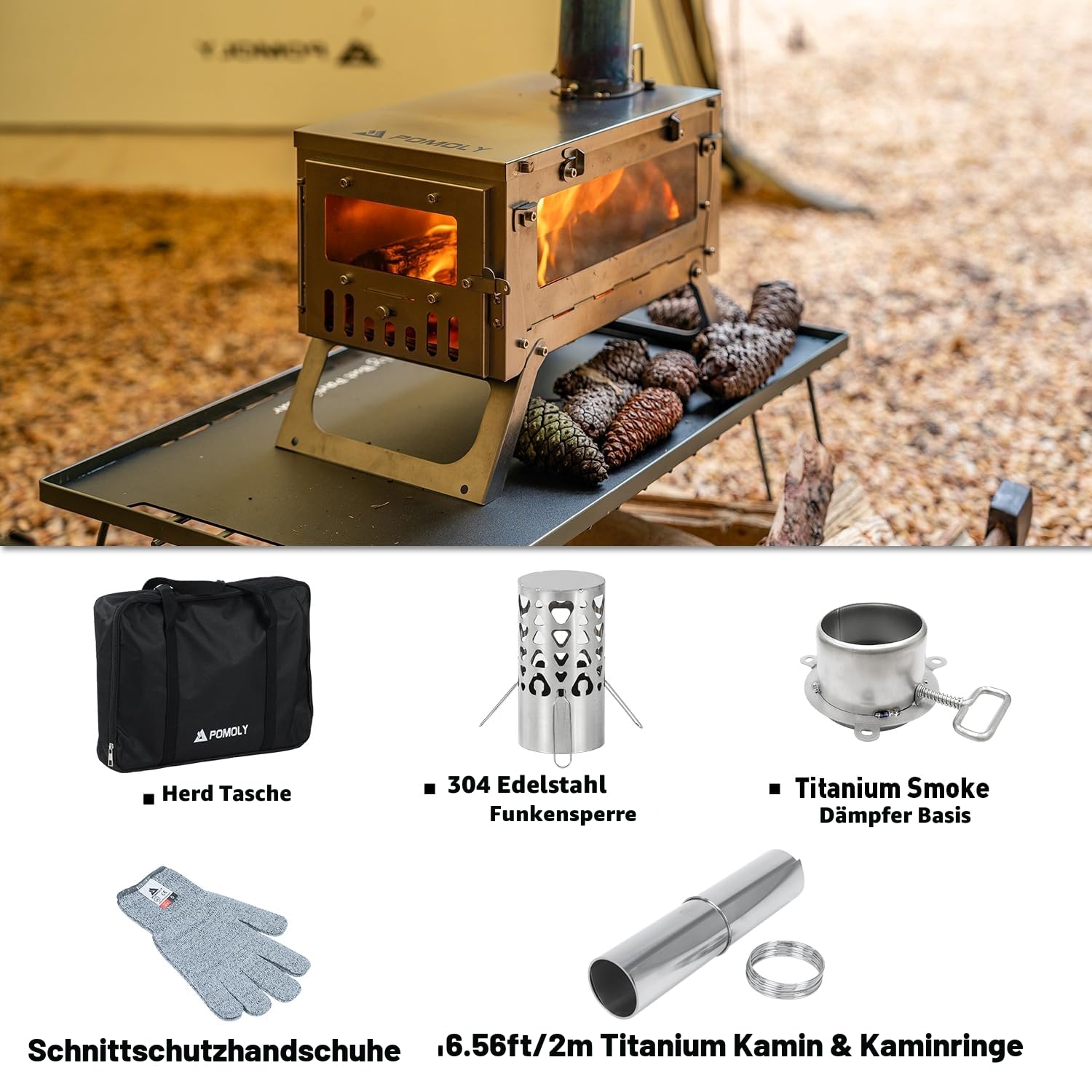 POMOLY Camping Holzofen Titanofen, Ti Mini 0,6 Tragbarer, leichter Heißzeltofen zum Wandern, Kochen, Heizen (Ofenrohr 6,56 Fuß/2 m)