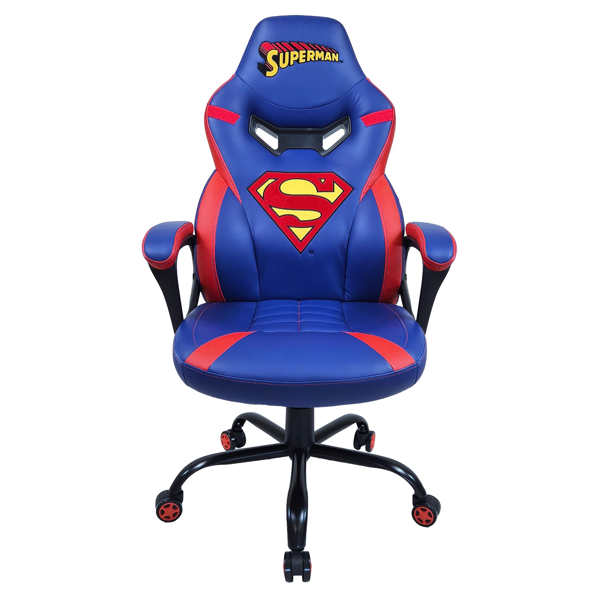 SUBSONIC - Sedia da gaming, sedia da ufficio Superman, sedia da gaming per bambini, comoda seduta a dondolo, poggiatesta e braccioli integrati, schienale ergonomico, altezza regolabile - Blu e rosso