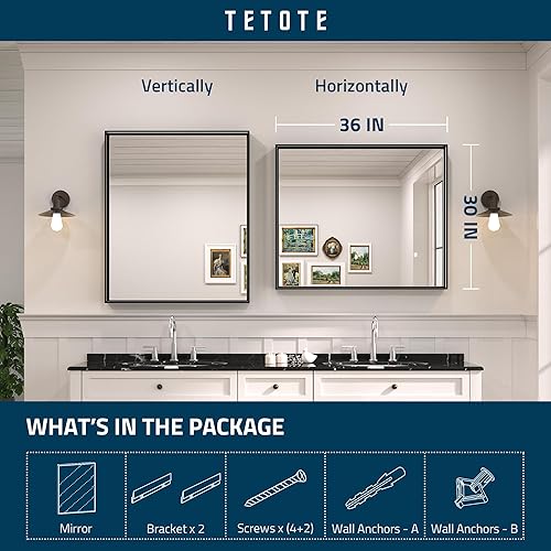 Miniatura 6 de TETOTE Espejo de baño con marco de metal negro de 30 x 36 pulgadas, rectangular, marco negro mate, espejo de tocador para pared, espejo de baño
