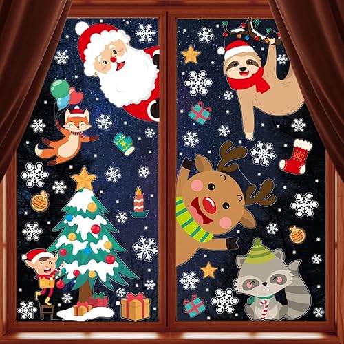 Decoración navideña para ventana, 8 hojas de calcomanías de Navidad para ventana, diseño de copos de nieve de renos de Papá Noel, decoración de