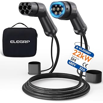 ELEGRP Type 2 Charging Cable 22kW 5M 32A 3-Phase Type 2 to Type 2 Mode 3 Charging Cable for Electric Car EV/PHEV with Carry Bag Suitable for Model S/3/X/Y VW ID.3 ID.4 e-Golf and Other EV