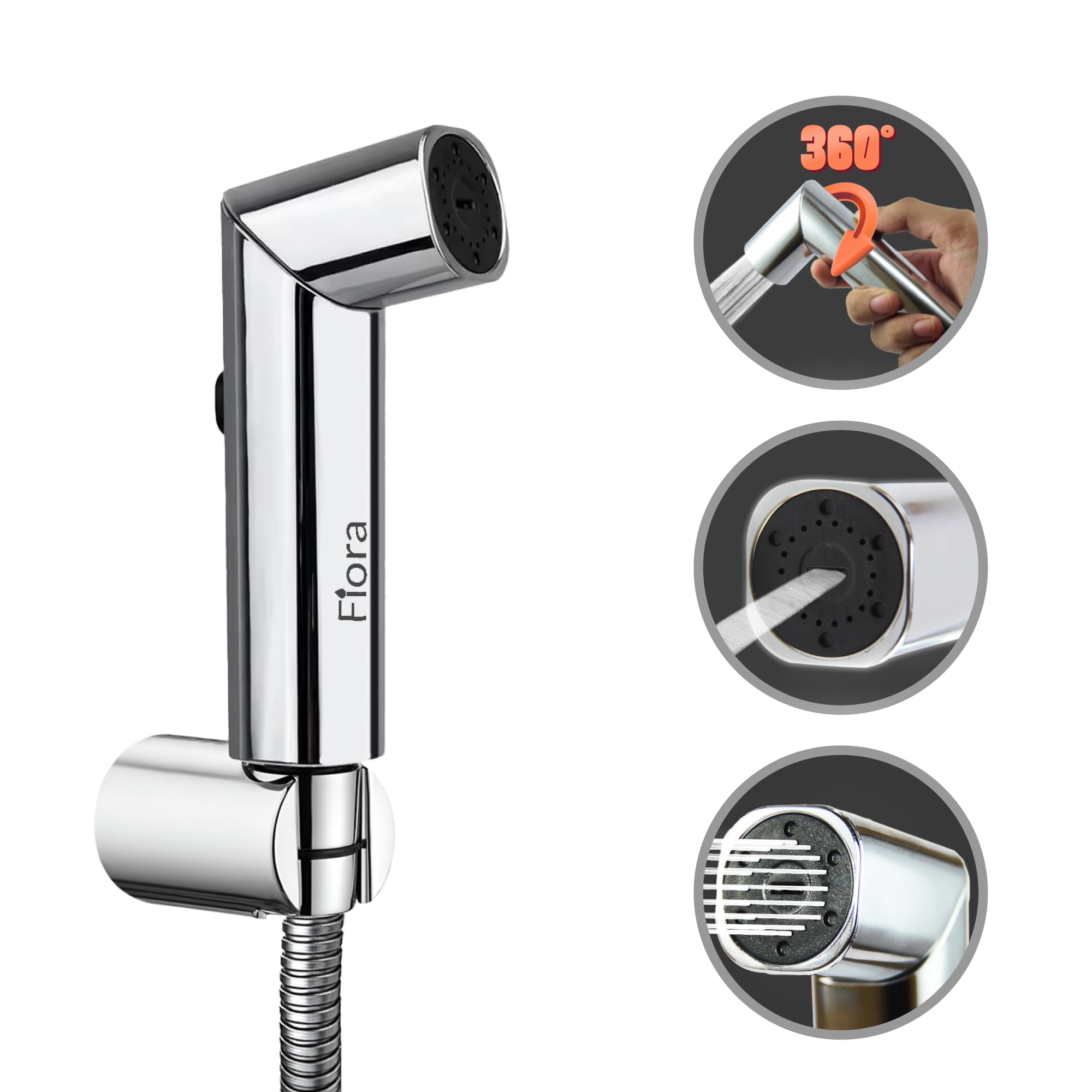 FIORA Rotate 360 Degree Bathroom ABS Health Faucet with SS-304 Grade 1.5 Meter Flexible Hose Pipe and Wall Hook | Health Faucet Set for Bathroom | Water Saving | Dual Mode | Chrome Finish