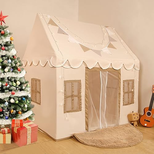 Tienda de campaña para niños con alfombrilla antideslizante, luces de estrella, bandera de decoración, amplia casa de juegos con 4 ventanas, lavable