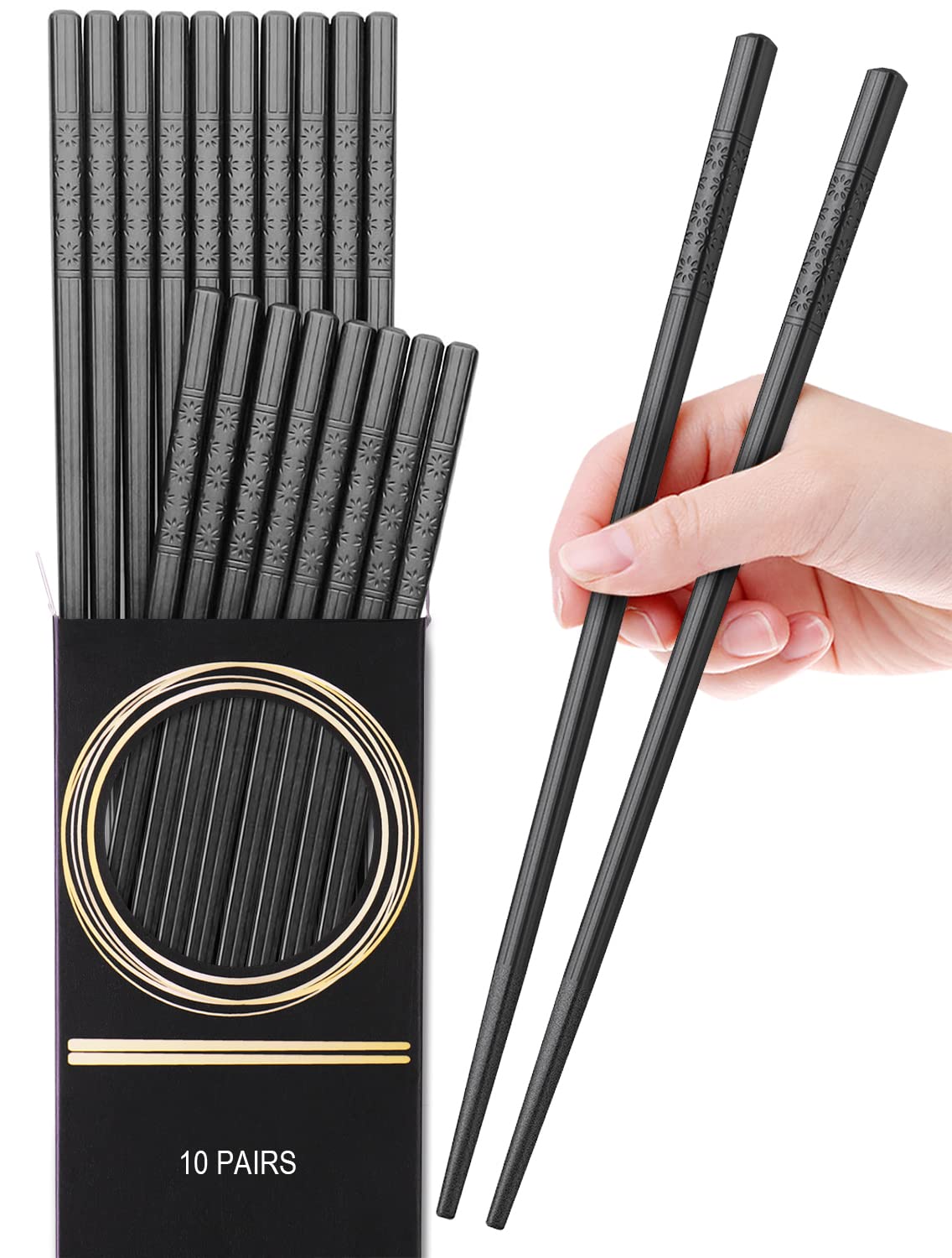 glamfields 10 pairs fiberglass chopsticks reusable japanese chinese chop sticks dishwasher safe non-slip 9 12 inches
