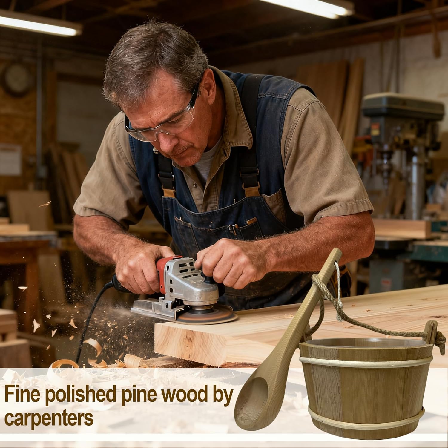 Sauna Bucket and Ladle Set, 4L Wooden Sauna Bucket with Long Handle Spoon, Luxury Saunas Accessories Kit for Bathrooms, Saunas & Steam Baths