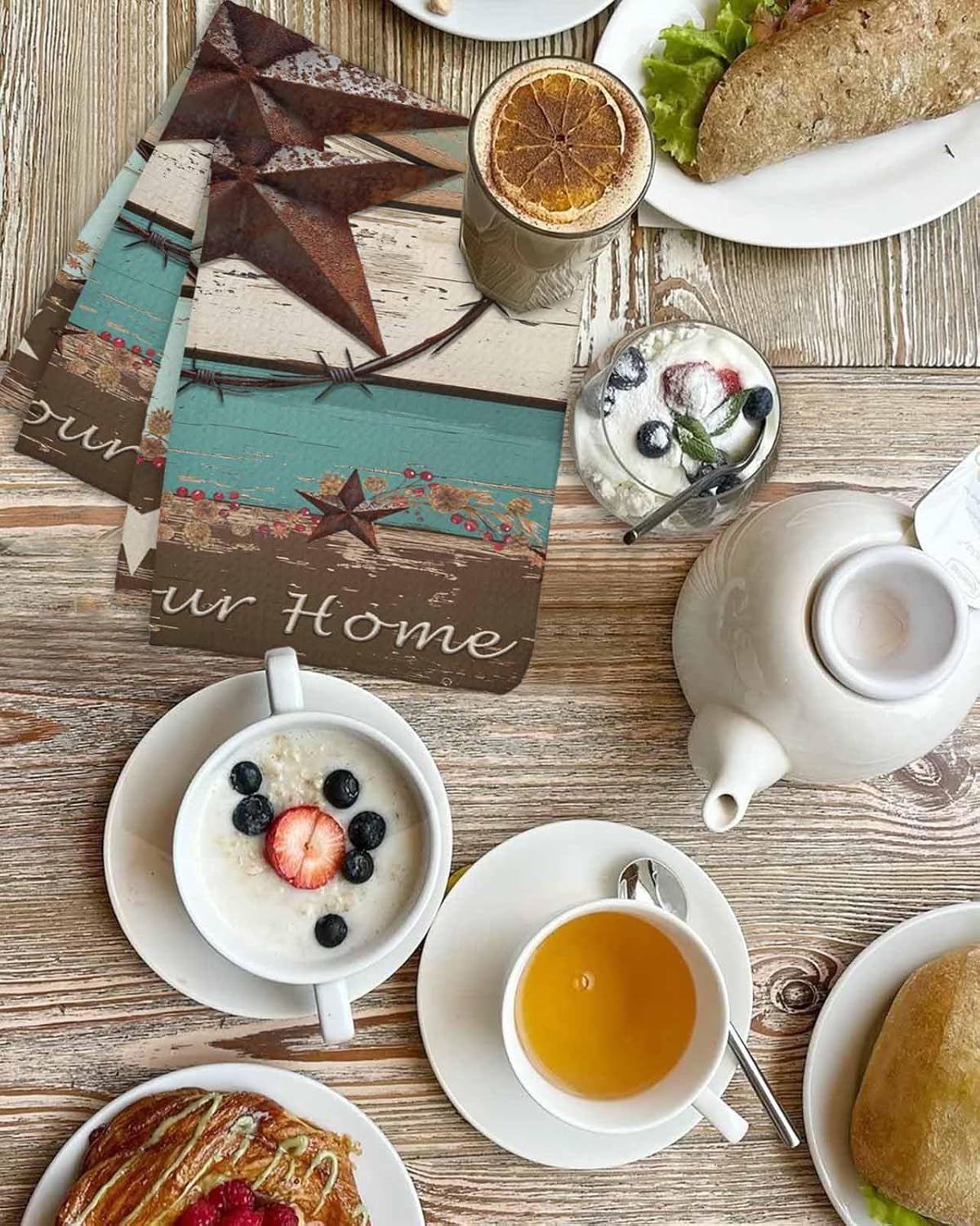 West Texas Star Rustic Hand Towels Set,Waffle Weave Kitchen Towels 2 Pieces,Farmhouse Teal Green Wood Plank Microfiber Hair Face Bath Tea Towel Absorbent Quick Drying Cleaning Dish Cloths,15.7"x23.6"