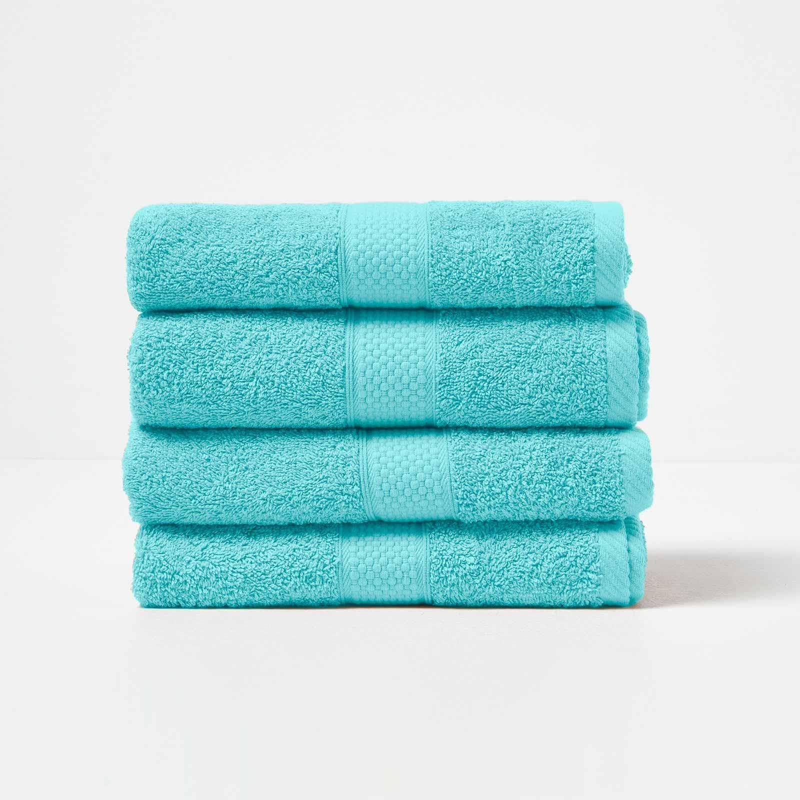 HOMESCAPES Aqua Blue Turkish Cotton Set of 4 Hand Towels Super Soft Thick & Absorbent 500 GSM Towel Heavy Weight for everyday Luxury