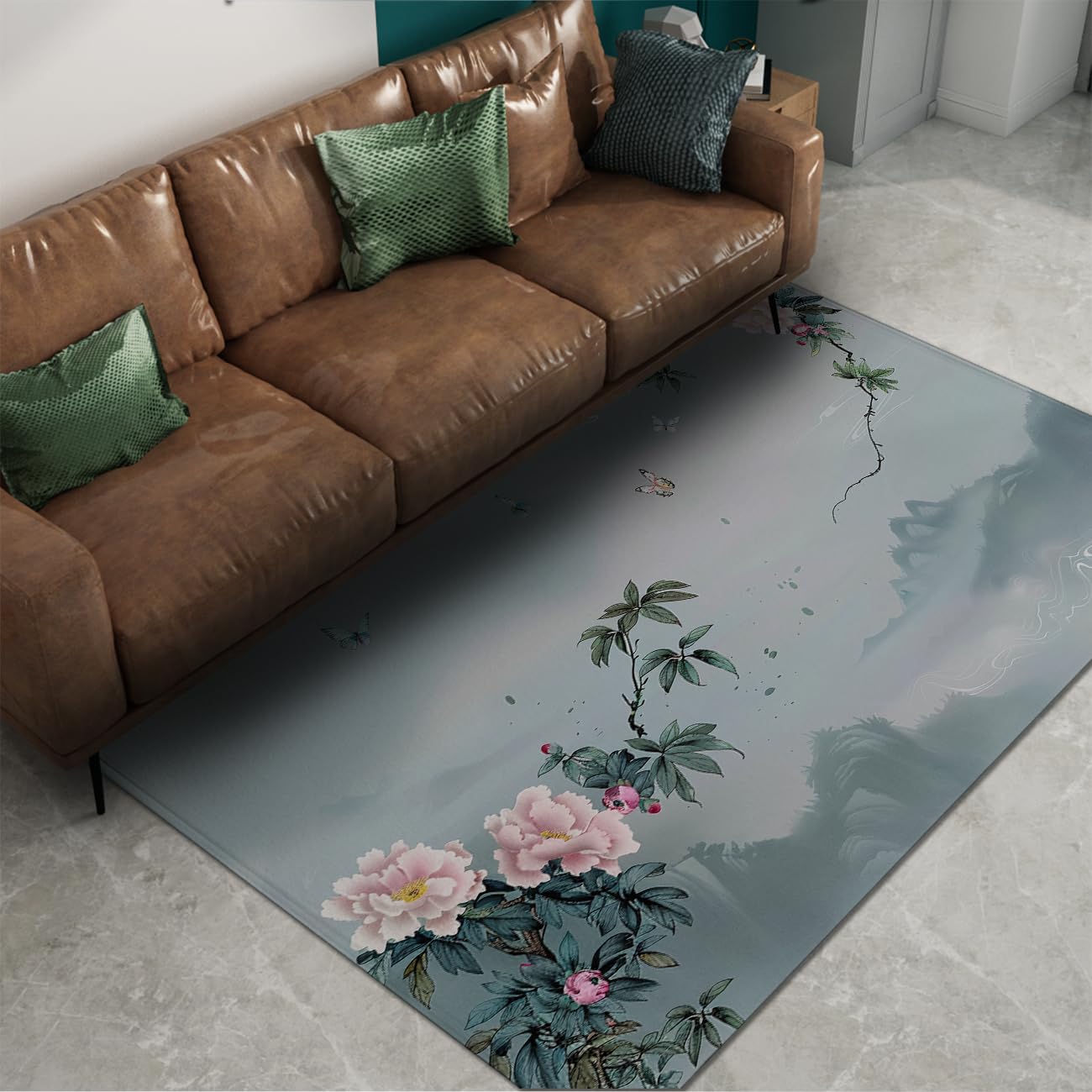 Teal Area 100 x 150 cm, japoński dywan do salonu, wewnątrz, miękki, antypoślizgowy, cienki, misty górski, krajobraz, kwiaty, do jadalni, biura, sypialni, można prać w pralce