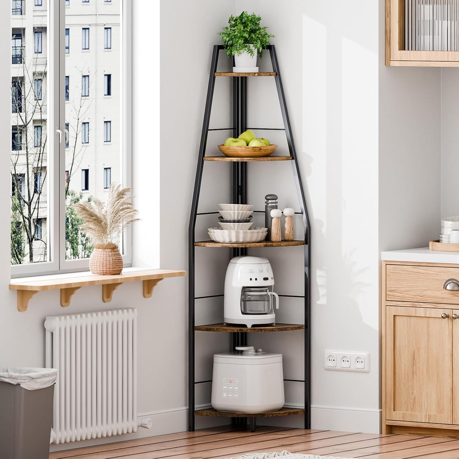 Gemfueque Versatile 66-Inch Tall Corner Shelf, 5-Tier Ladder Bookshelf, Easy Assembly Black Metal Frame Wood Shelf for Living Room, Bedroom, Home Office