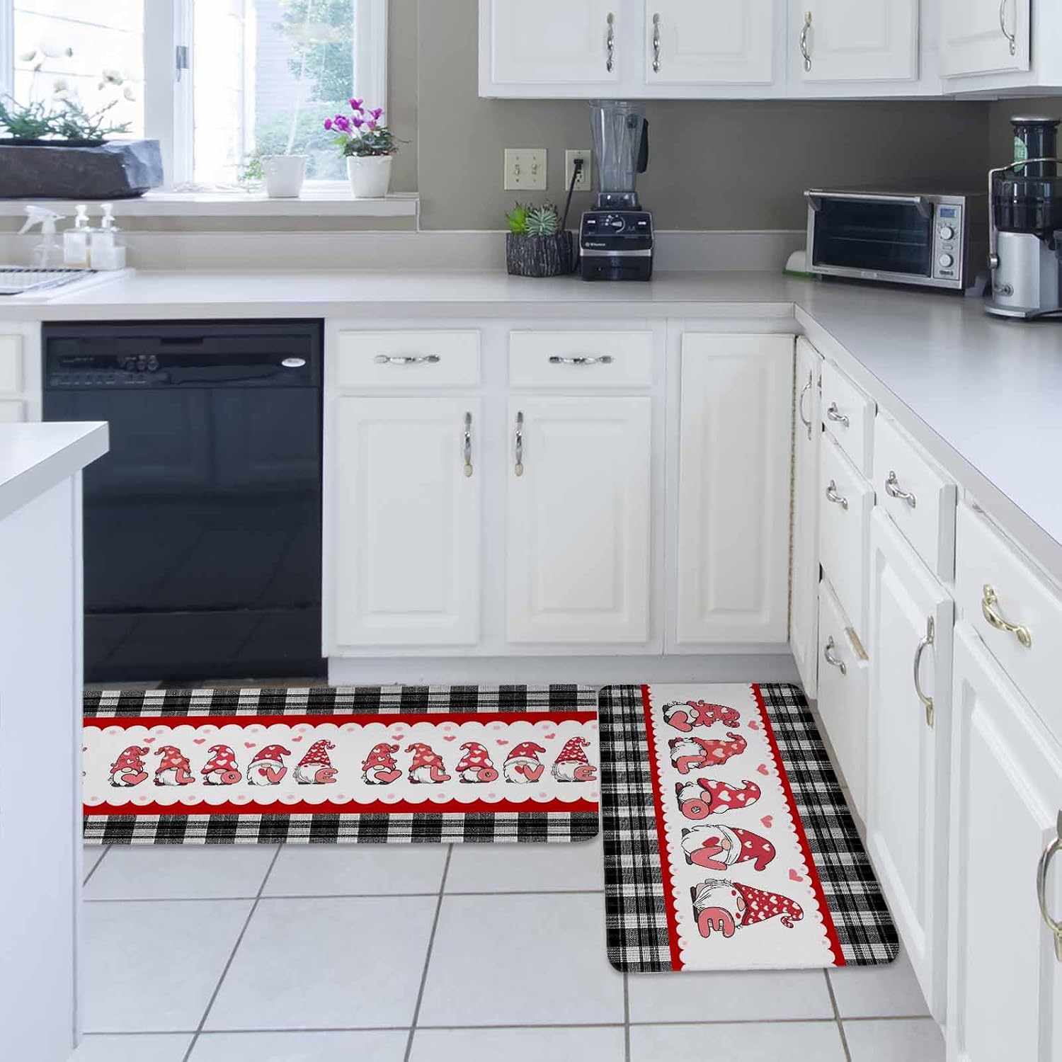 Valentine's Day Kitchen Rugs and Mats Set of 2, Non-Slip Kitchen Sink Mat, Pink Love Gnomes Geart Black Plaid Washable Doormat Bathroom Rugs Runner for Bedroom/Living Room 19.7"x31.5"+19.7"x63"
