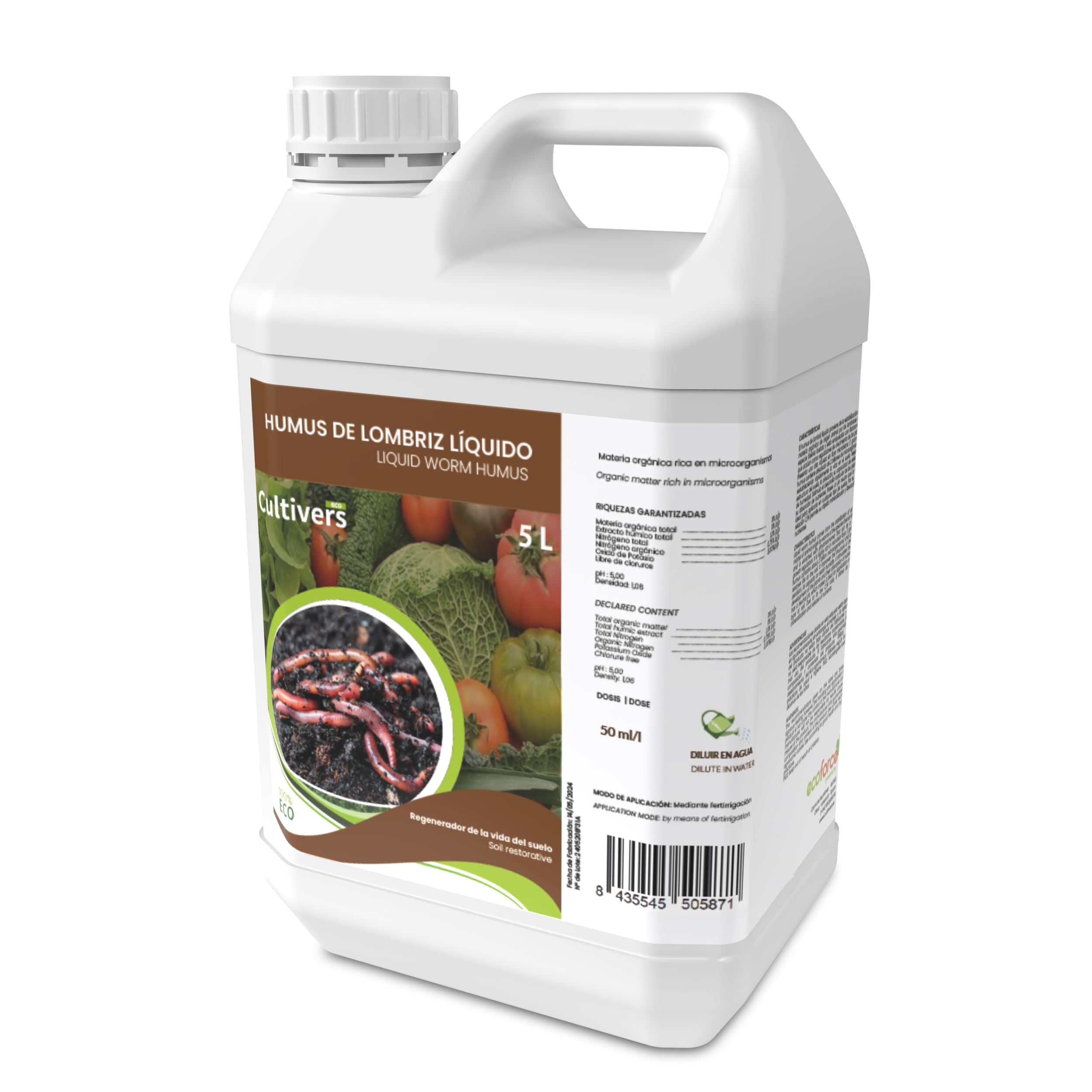 CULTIVERS Humus Líquido de Lombriz Ecológico 5 L. Materia Orgánica rica en Microorganismos. Regenerador de la vida del Suelo