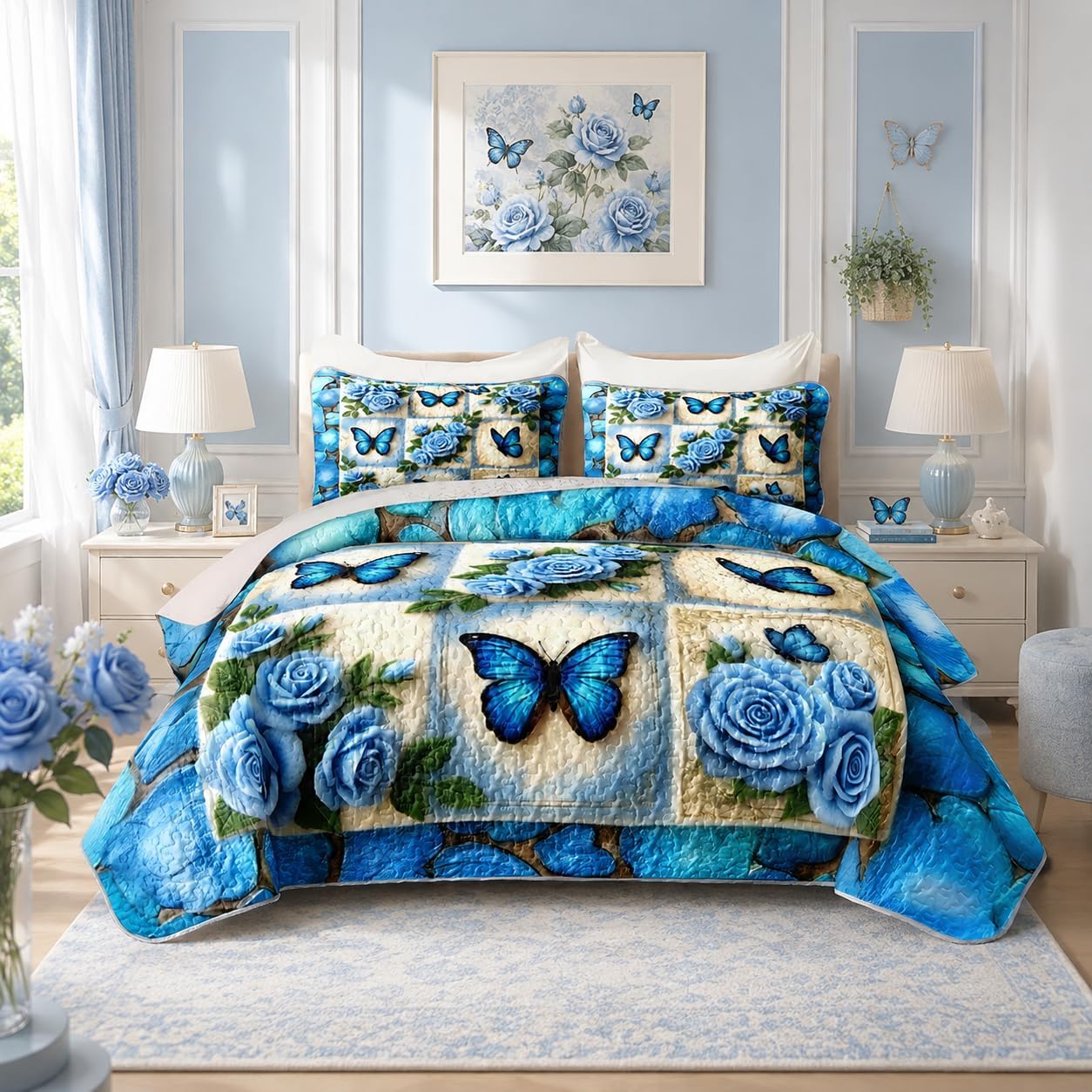 HOSIMA Butterfly Floral Quilt King Size,Blue Flowers Print Plaid Patchwork Quilt for Adults Women Bedroom Decor,Soft Lightweight Floral Bedding with 2 Pillowcases for All Seasons.