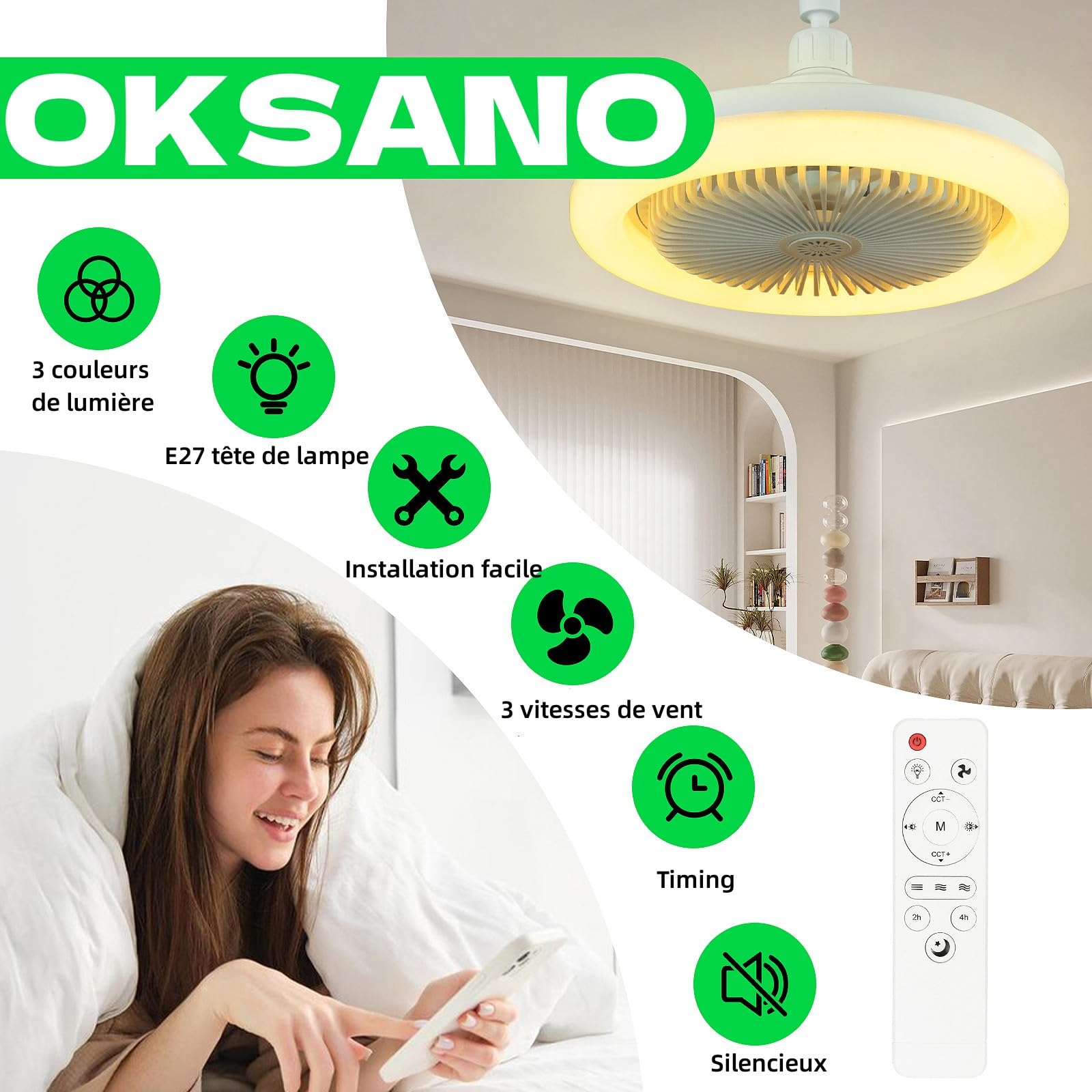 Ventilateur Plafond Avec Lumiere,OKSANOventilateur De Plafond Avec Télécommande,ventilateur Silencieux Plafond,plafonnier LED À Intensité Variable,3vitesses,Riche En Couleurs,Temporisable (Vert
