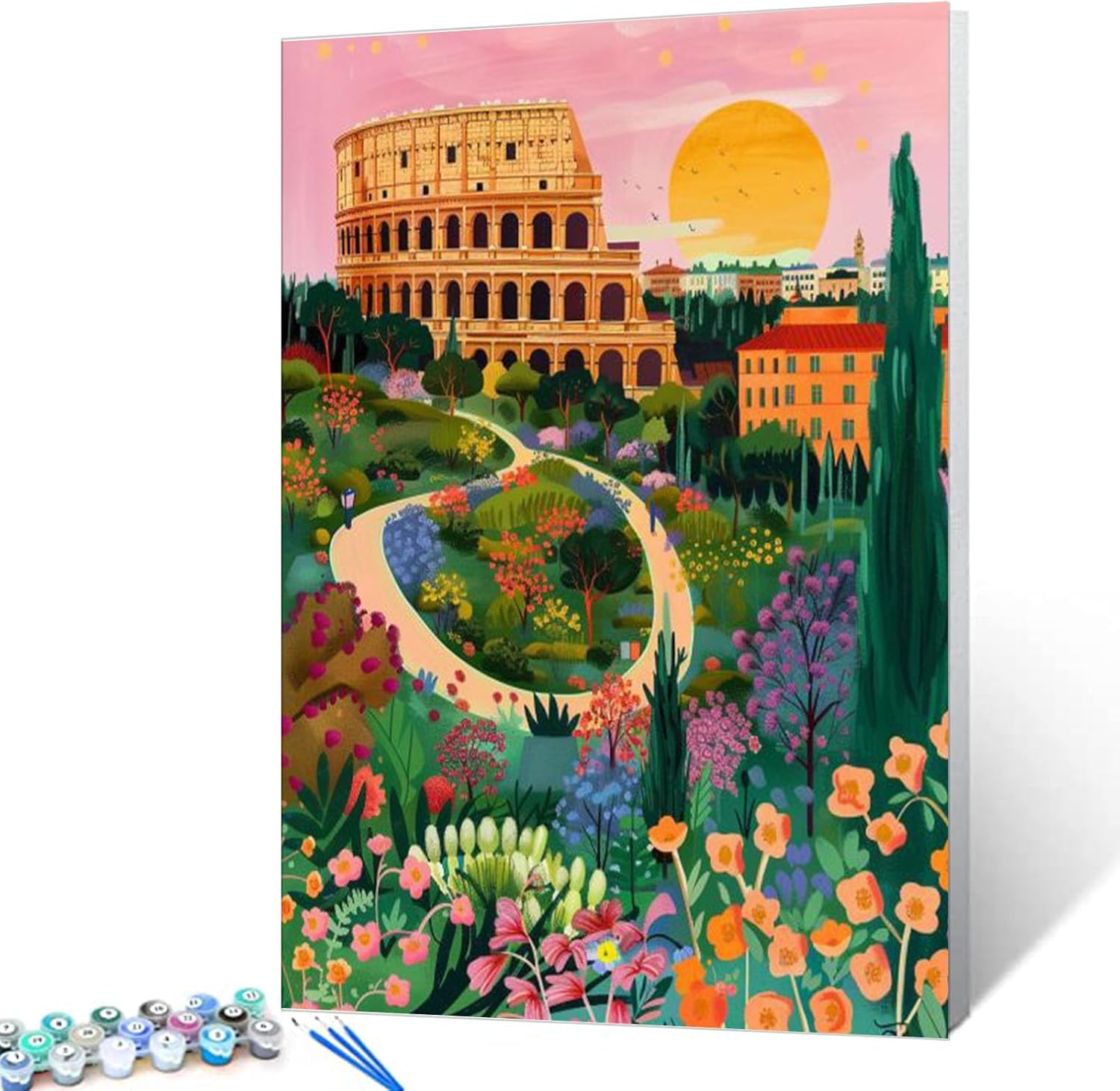 Rome Colosseum Scenery DIY Paint by Numbers for Adults Abstract Famous Landscape DIY Oil Painting Acrylic Paint Art Painting Kits Canvas with Acrylic Paints Colorful Scenery Art 16x20 Inch（DIY Frame）