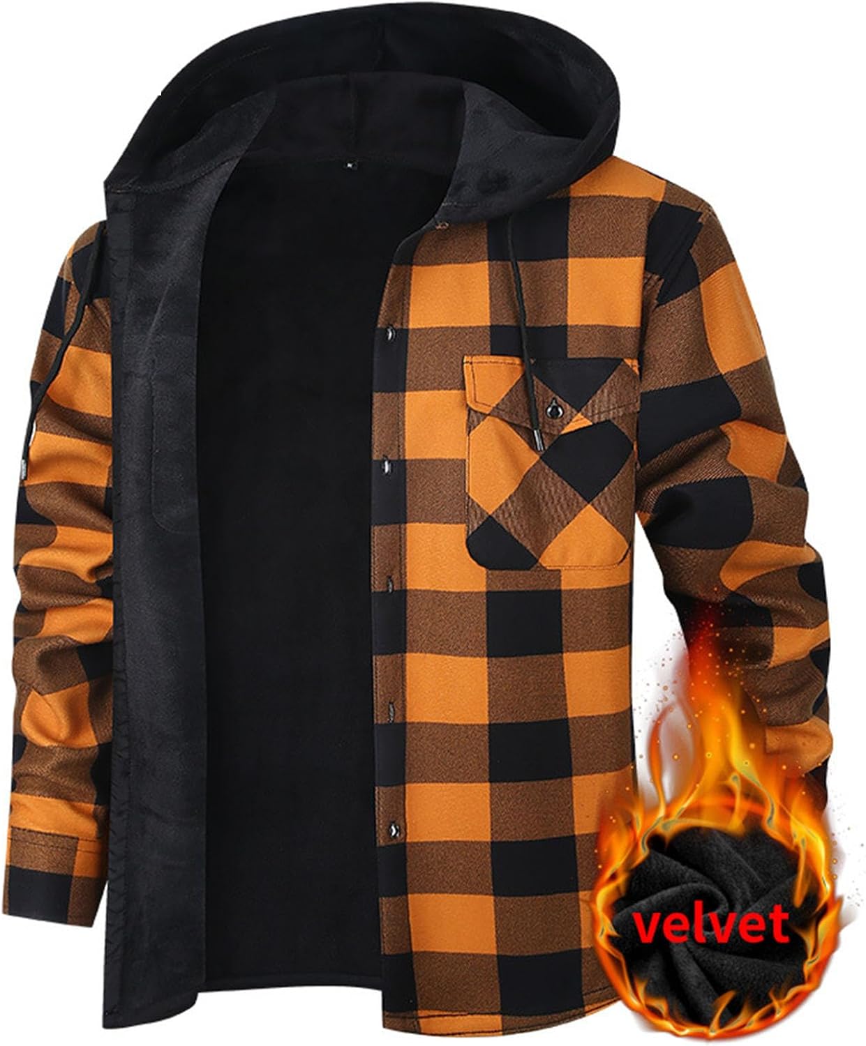 Men's Plaid Button Down Hooded Jacket, Fleece Lined Casual Coat