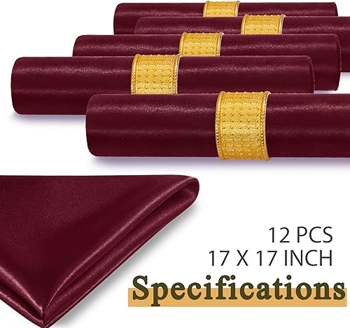 Miniatura 6 de Paquete de 12 servilletas de satén de 17 x 17 pulgadas, servilletas de boda sedosas color burdeos lavables, juego de servilletas de lujo para mesa