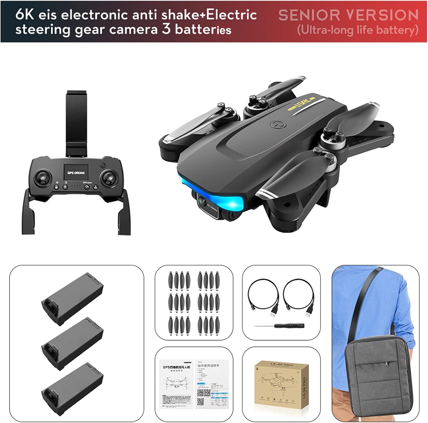 GoolRC LS-38 Drone package contents including drone, remote, batteries, and accessories.