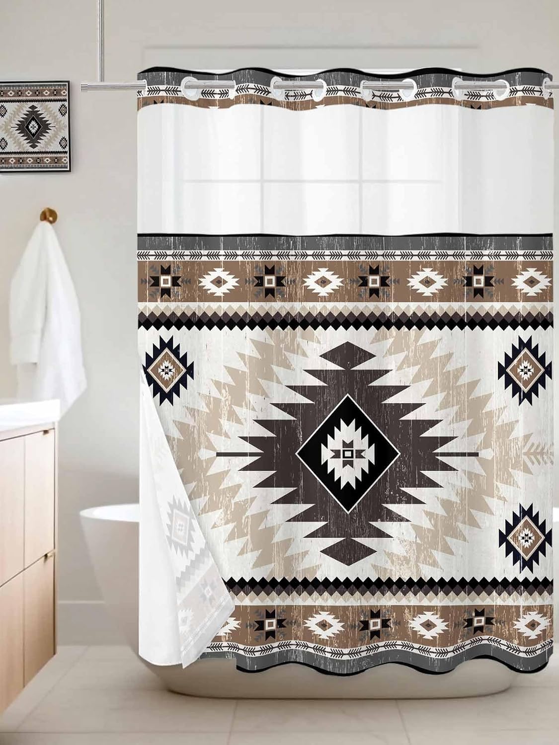 No Hook Shower Curtain, Brown Beige Boho Long Bathtub Curtains with Snap in Liner, Abstract Southwestern Ethnic Geometric Waterproof Washable Fabric Shower Curtain Set, 72" x 84"