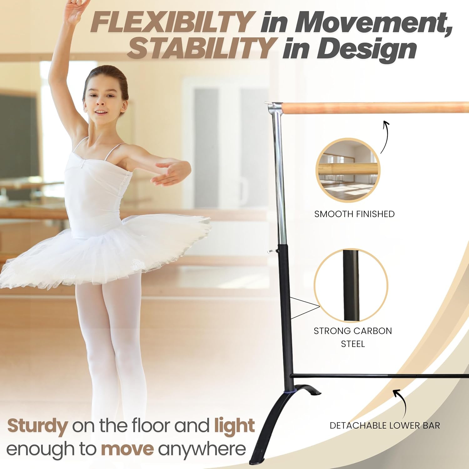 33.5 Inches Marley Dance Floor Bundle with Single Ballet Barre Portable for Home or Studio - Ideal for Stretch, Pilates, Dance or Active Workouts