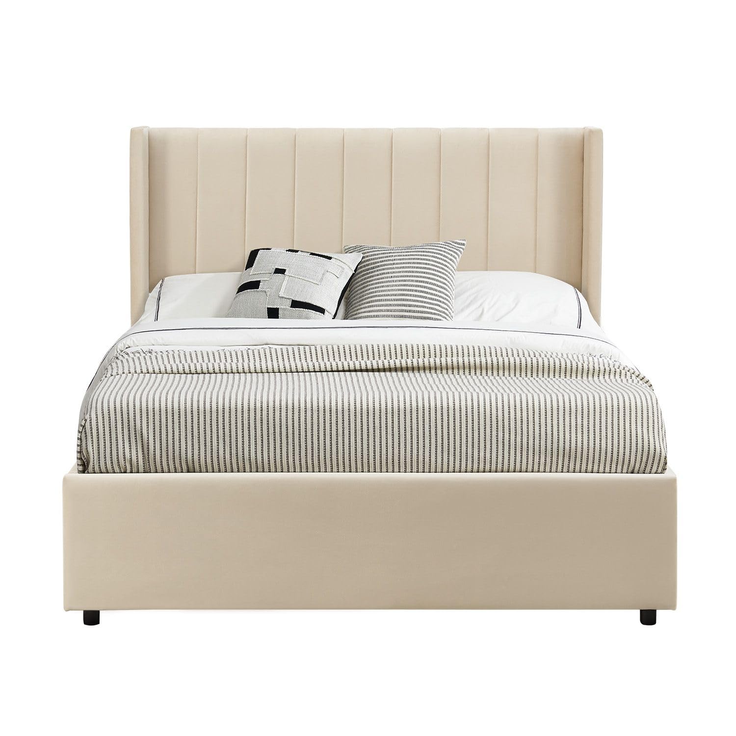 Juskys Lit rembourré Savona 120x200 cm avec Coffre, sommier à Lattes, Housse en Velours, Cadre de lit en Bois, jusqu'à 250 kg, Grande tête de lit, Beige