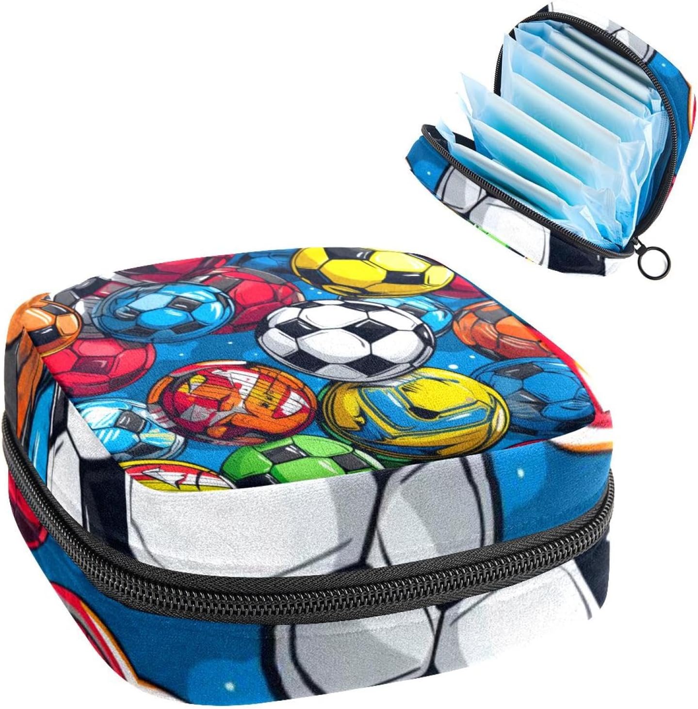 Portable Menstrual Pad Bags, Large Capacity Sanitary Napkin Storage Bag, First Period Kit for Girls Women, Zipper Nursing Pad Holder Soccer Football