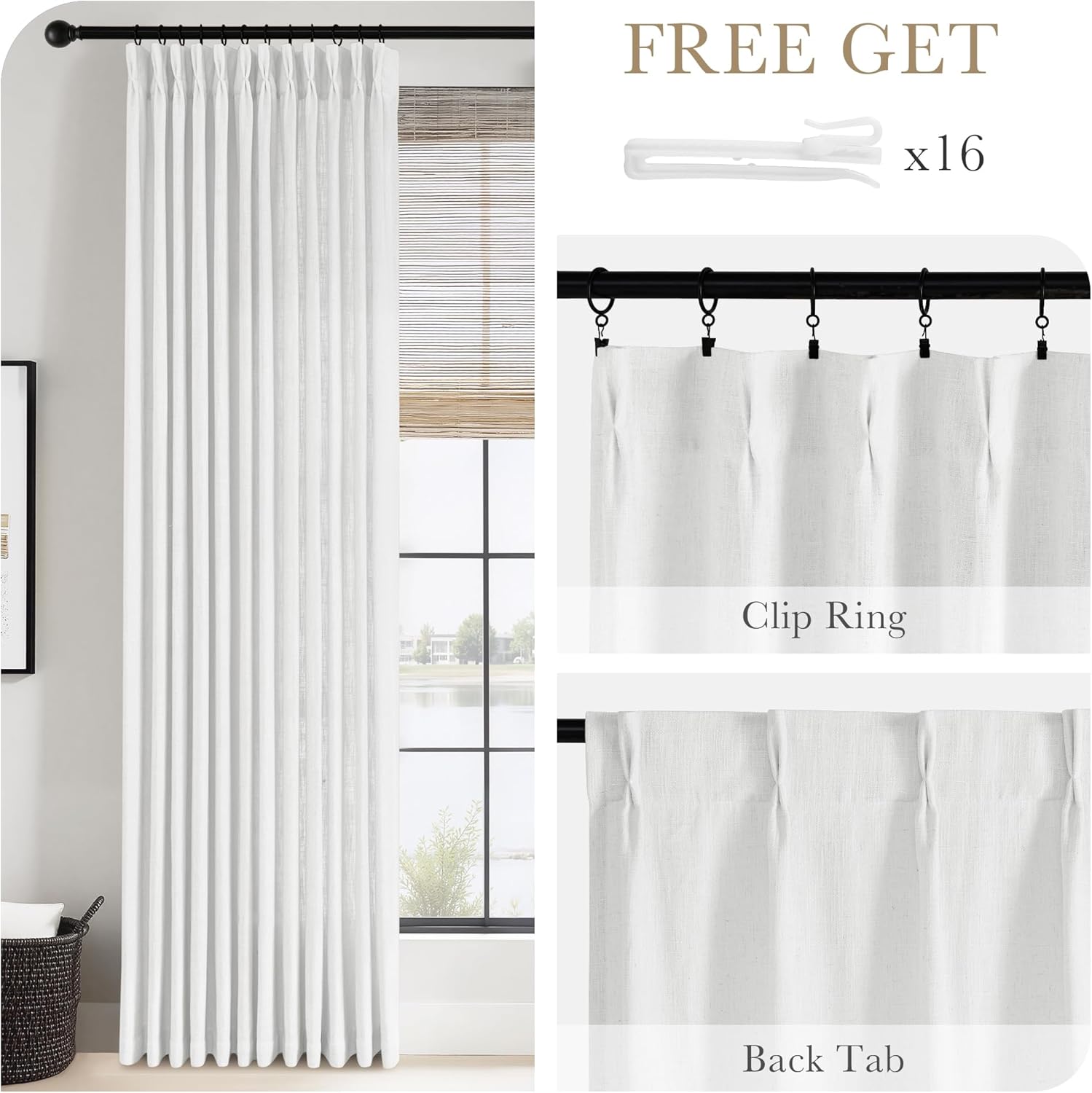 PONY DANCE Off White Linen Curtains 96 Inches Long 2 Panels Set for Living Room, Natural Thick Linen Flax Pinch Pleated Memory Trained Light Filtering Semi Sheer Curtain for Dining Bedroom Office