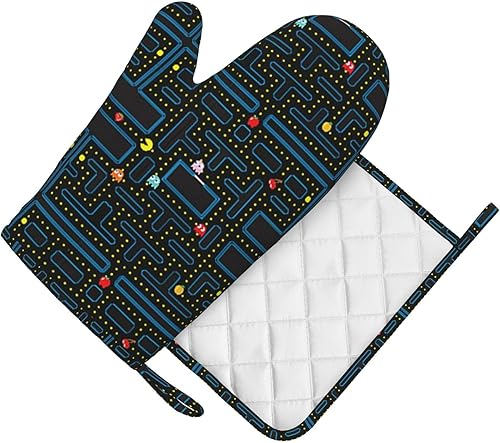 Miniatura 3 de Juego de guantes de horno y soportes para ollas con patrón de videojuegos retro, resistentes al calor, antideslizantes, de silicona, con guantes de
